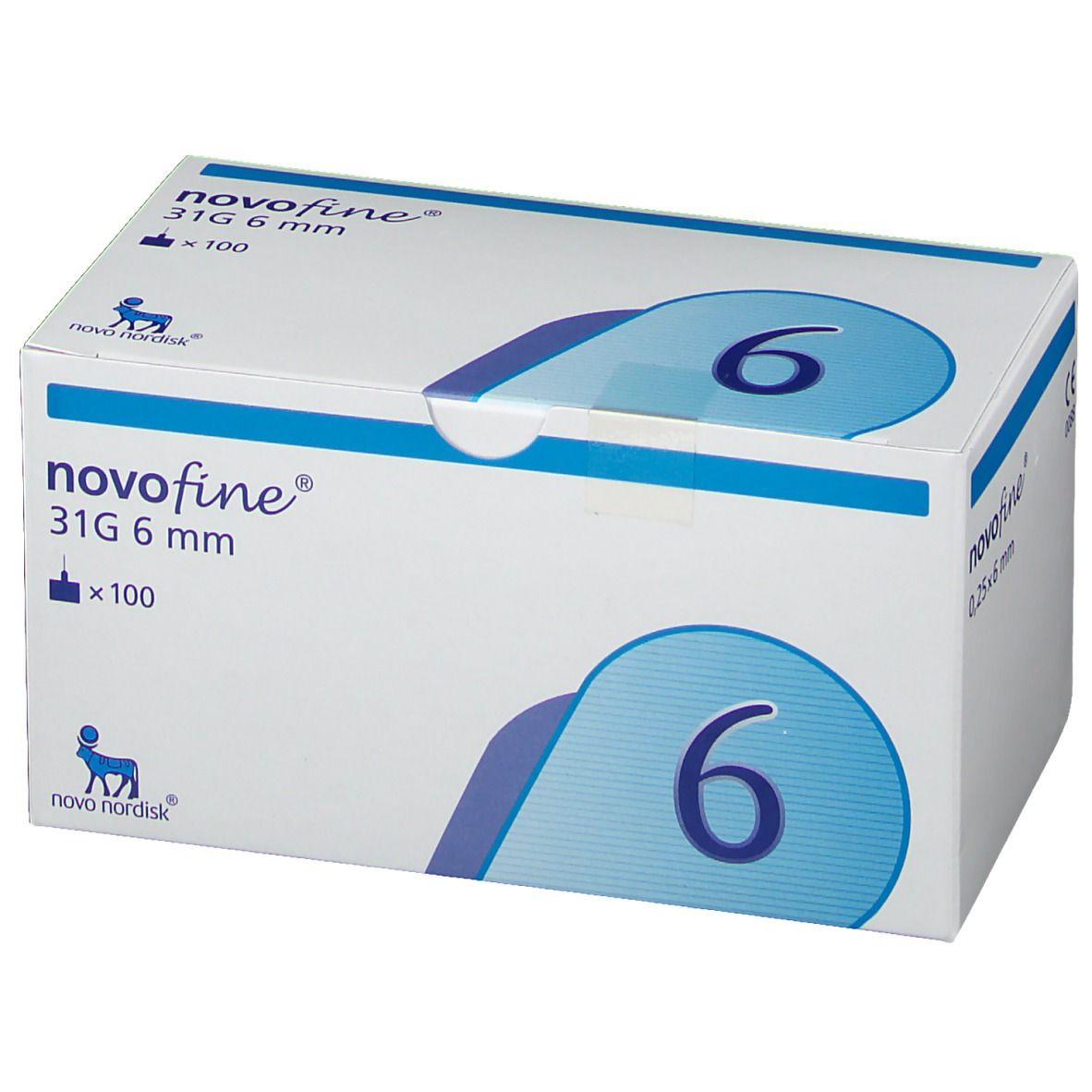 Boîte NovoFine 31G 6 mm. Inscription : 31G 6 mm, x100, chiffre 6. Boîte blanche avec graphique bleu.