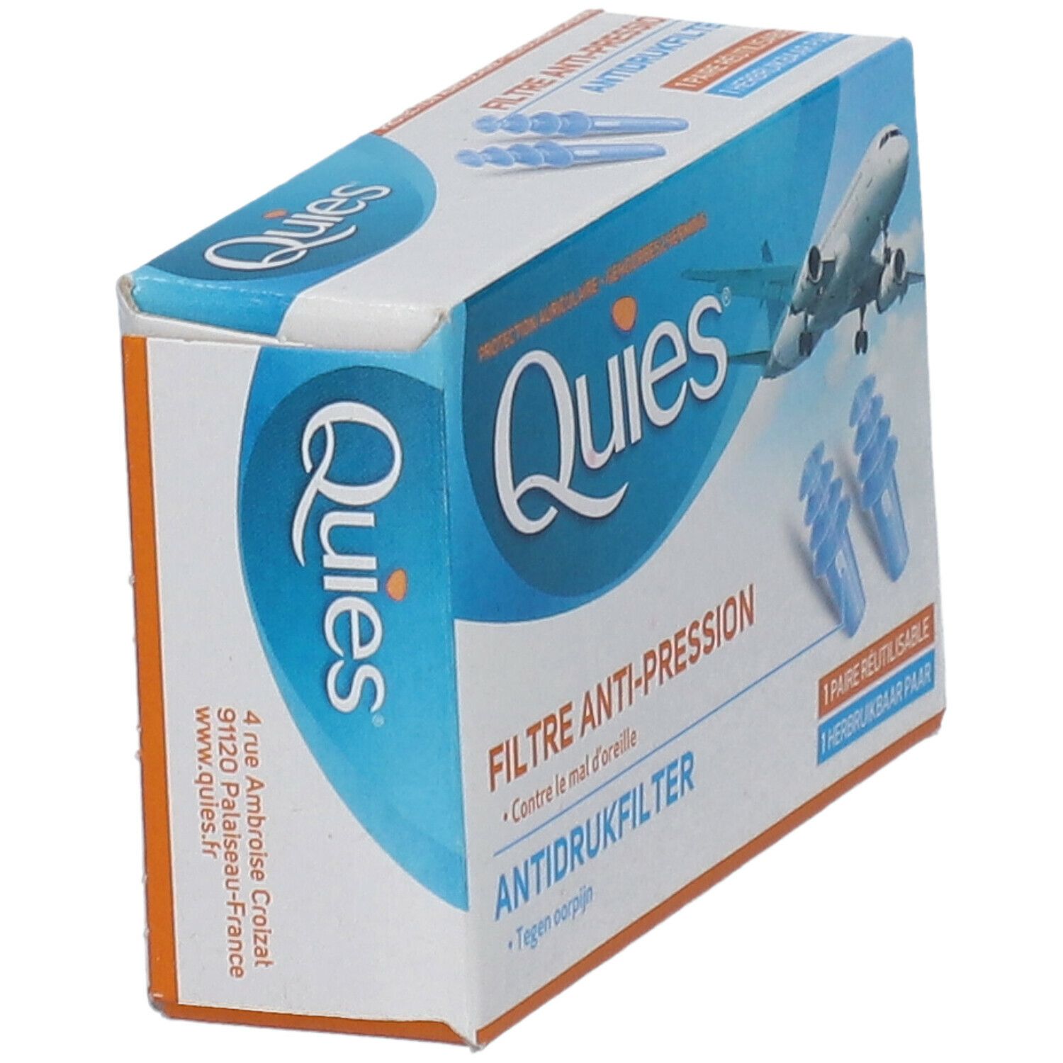 Boîte inclinée de protection auditive. Texte: Quies, Filtre Anti-pression, Antidrukfilter. Design bleu avec avion.