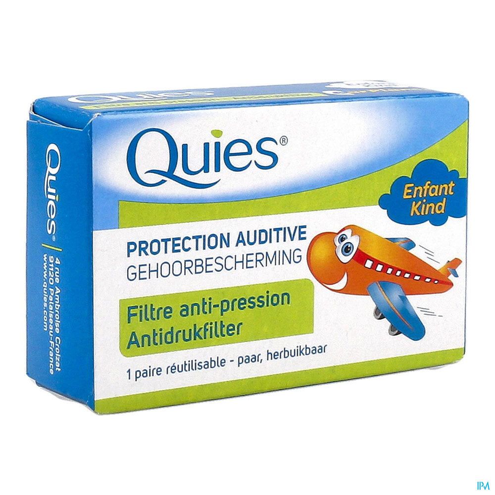 Boîte de protection auditive pour enfants. Inscription : PROTECTION AUDITIVE, Filtre anti-pression. Illustration d'avion.