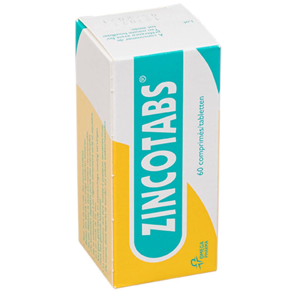 Doosje ZINC TABS. Turquoise strook met witte tekst. Omega Pharma logo. 60 tabletten. Vervaldatum.