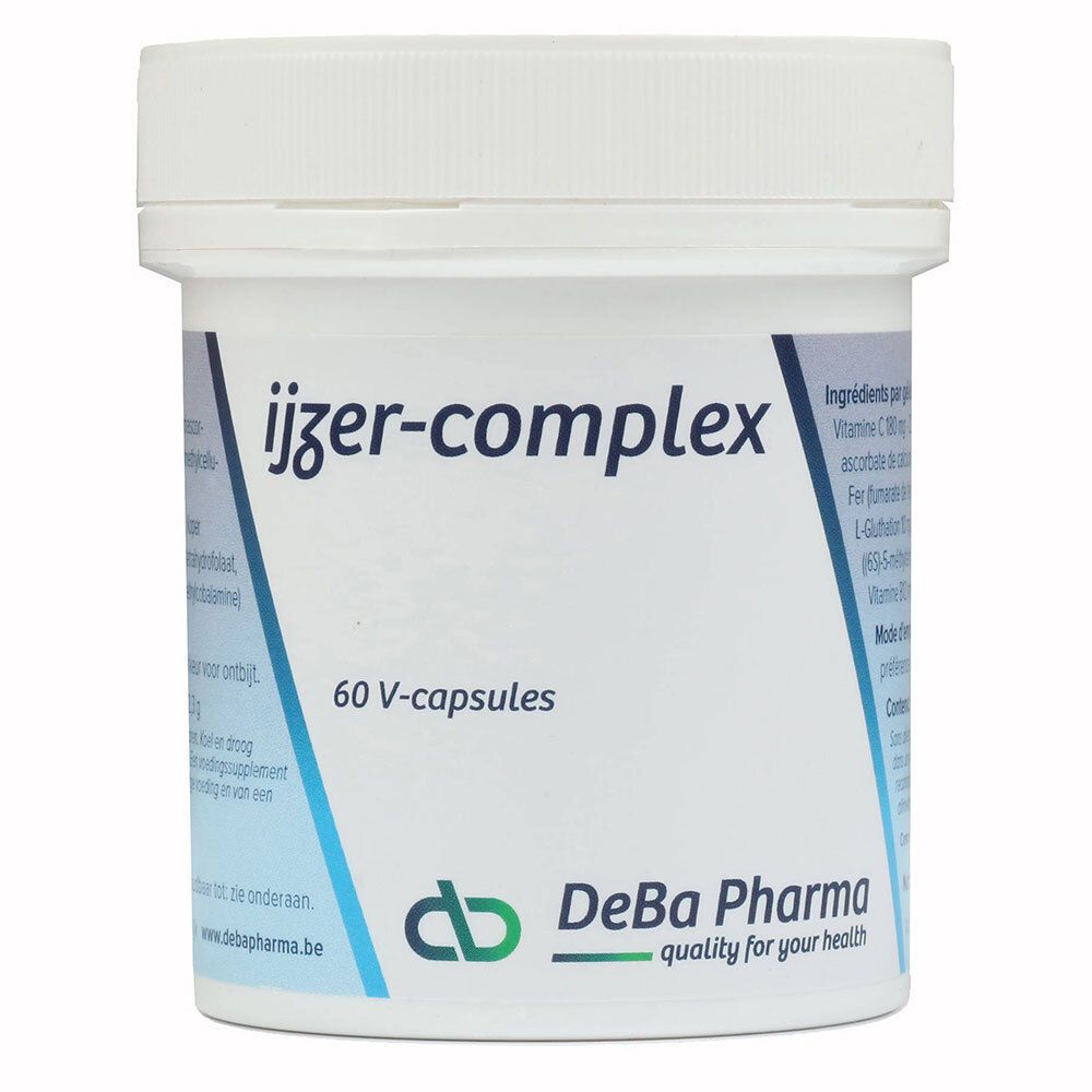 Boîte blanche "ijzer-complex" et "60 V-capsules". Logo DeBa Pharma. Ingrédients et informations.