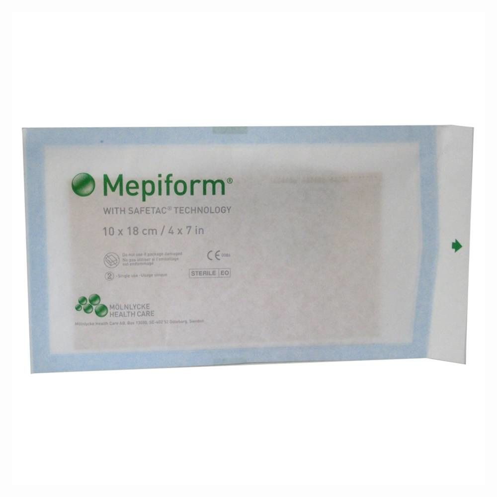 Emballage de Mepiform, 10 x 18 cm. Technologie Safetac. Pansement stérile. Marquage CE.