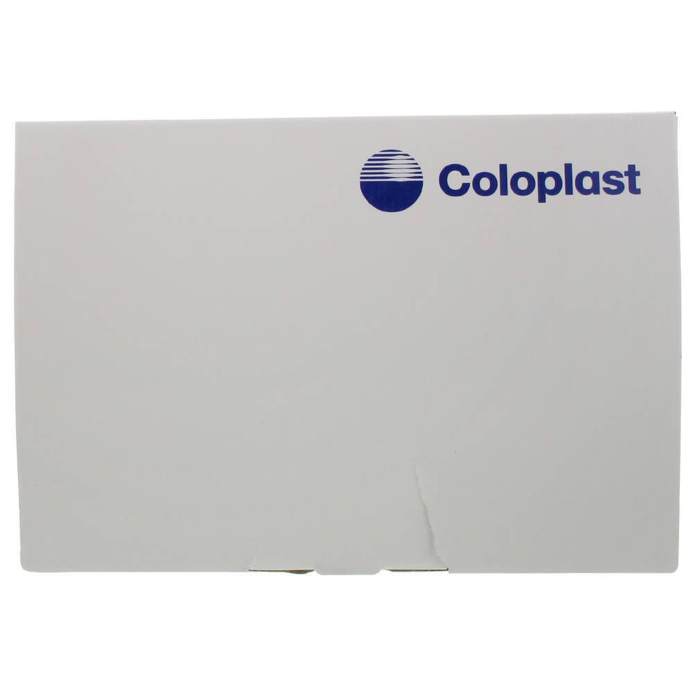 Emballage blanc avec logo bleu et texte Coloplast.