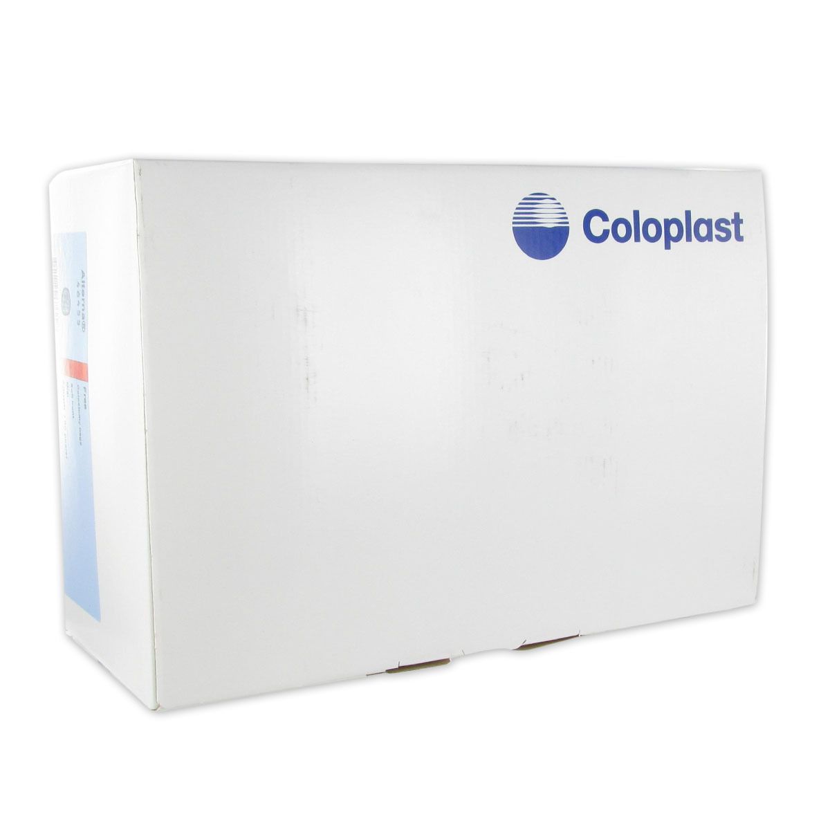 Boîte blanche avec logo bleu Coloplast. Inscription "Coloplast".
