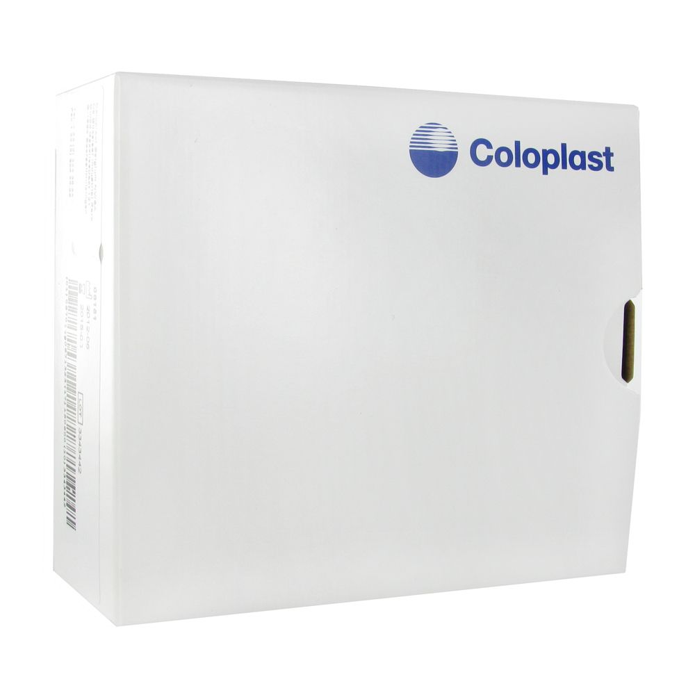 Emballage blanc avec logo Coloplast. Fente latérale. Code-barres et texte sur le côté.