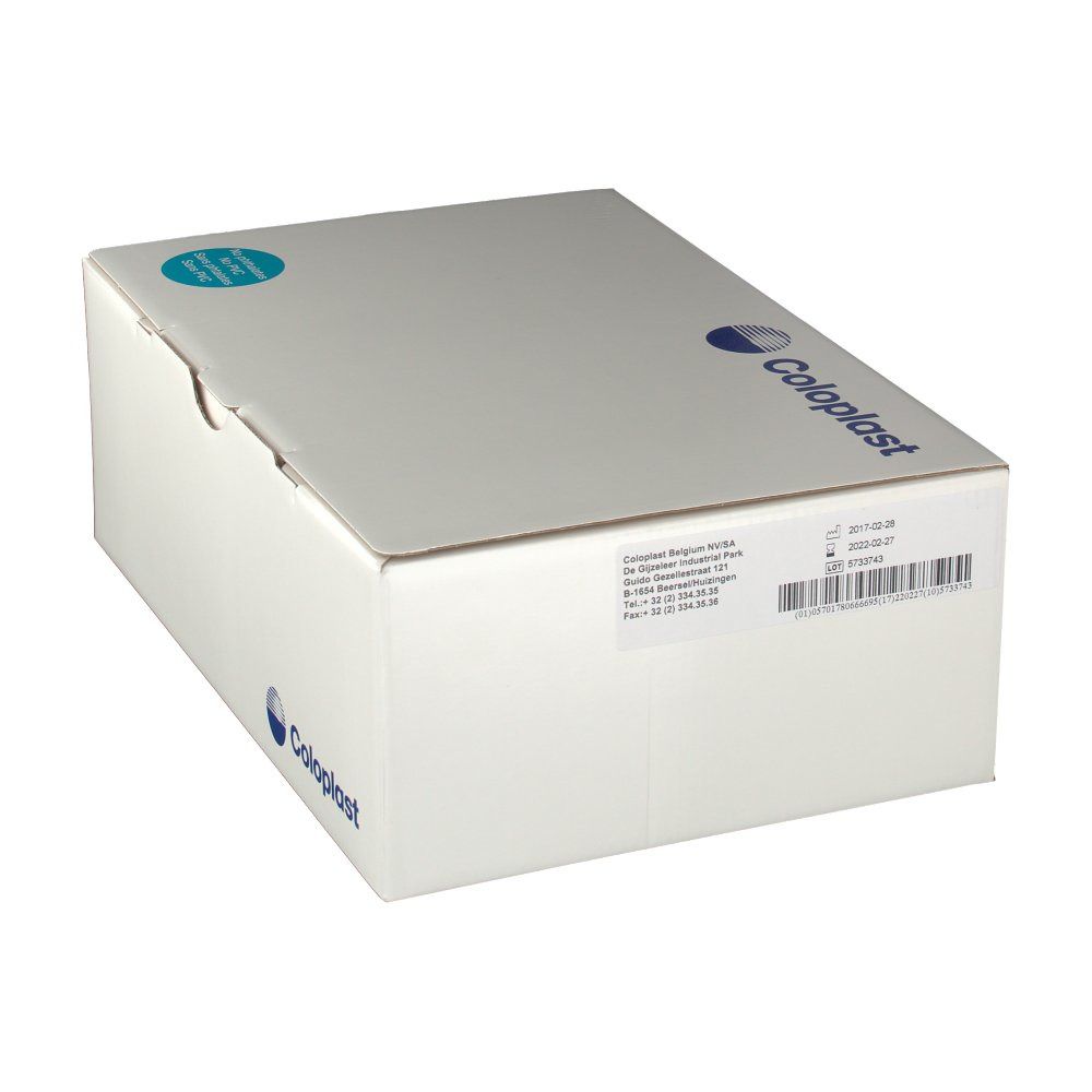 Boîte blanche avec logo Coloplast. Autocollant et code-barres. Emballage fermé.