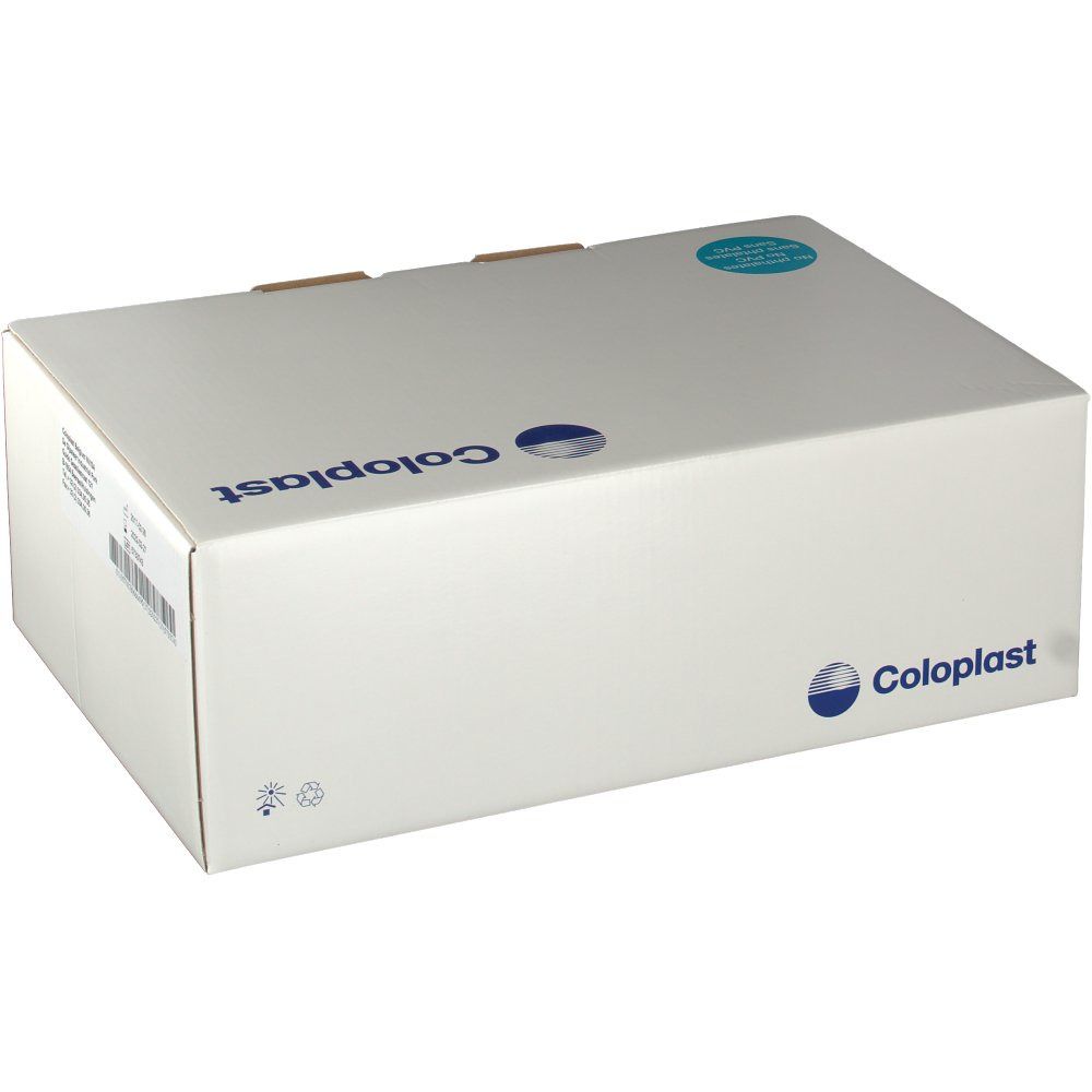 Boîte blanche avec logo Coloplast. Autocollant bleu. Emballage fermé.
