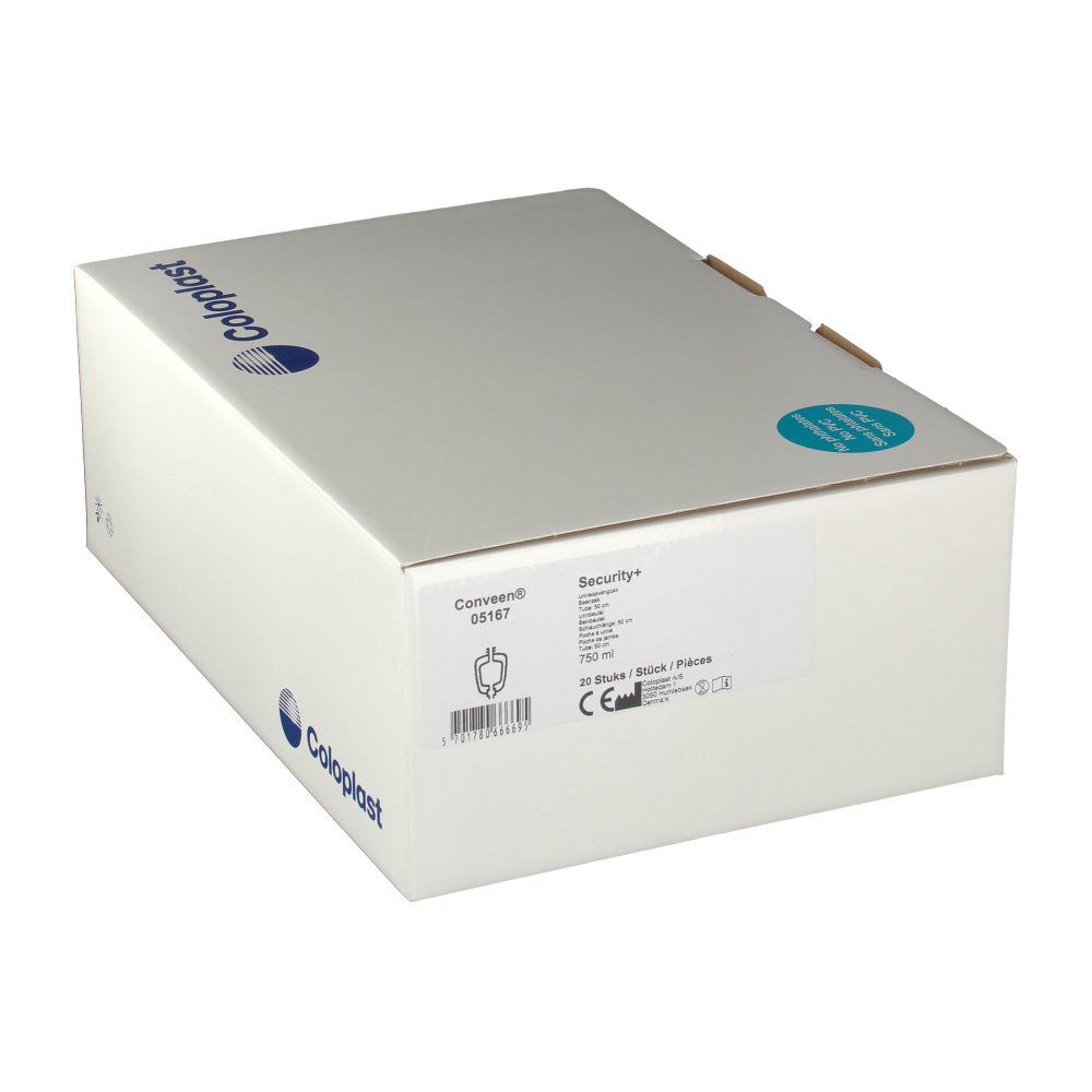 Boîte blanche avec logo Coloplast. Nom du produit et code-barres. Emballage fermé.