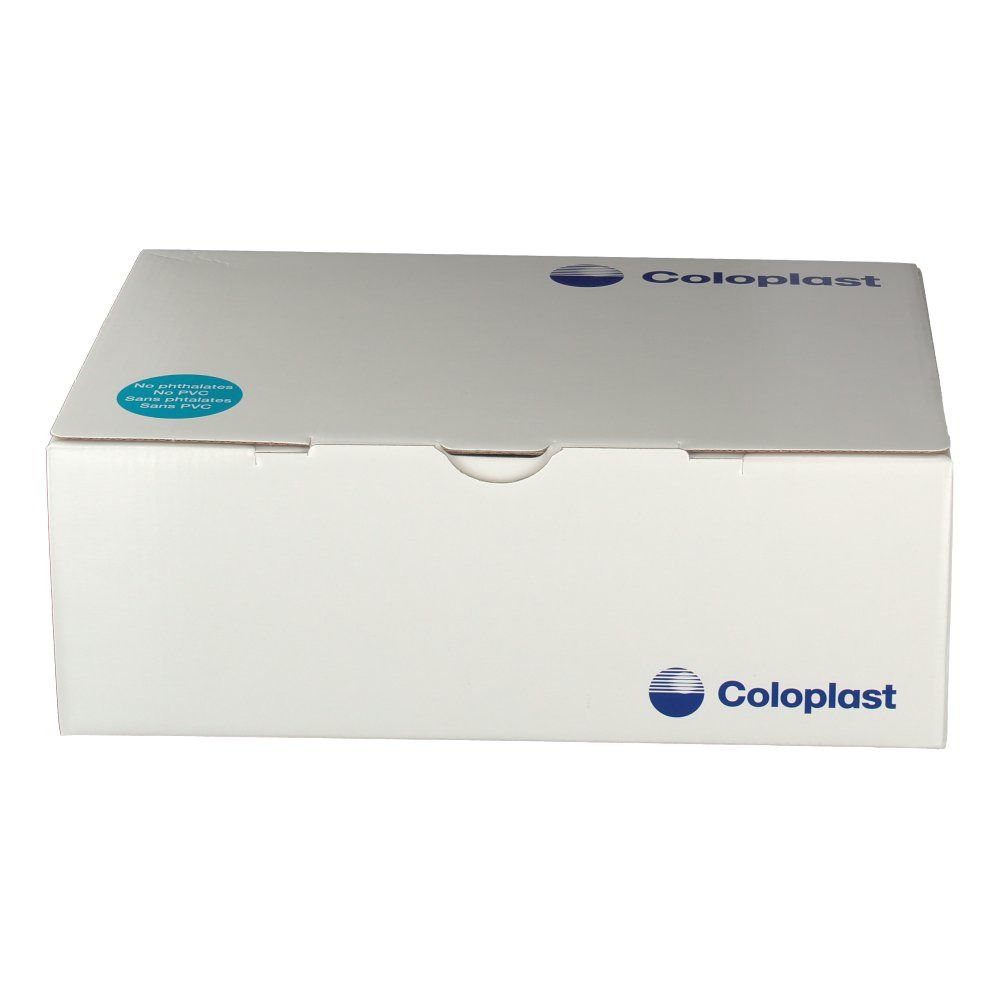 Boîte blanche avec logo Coloplast. Autocollant bleu. Emballage fermé.