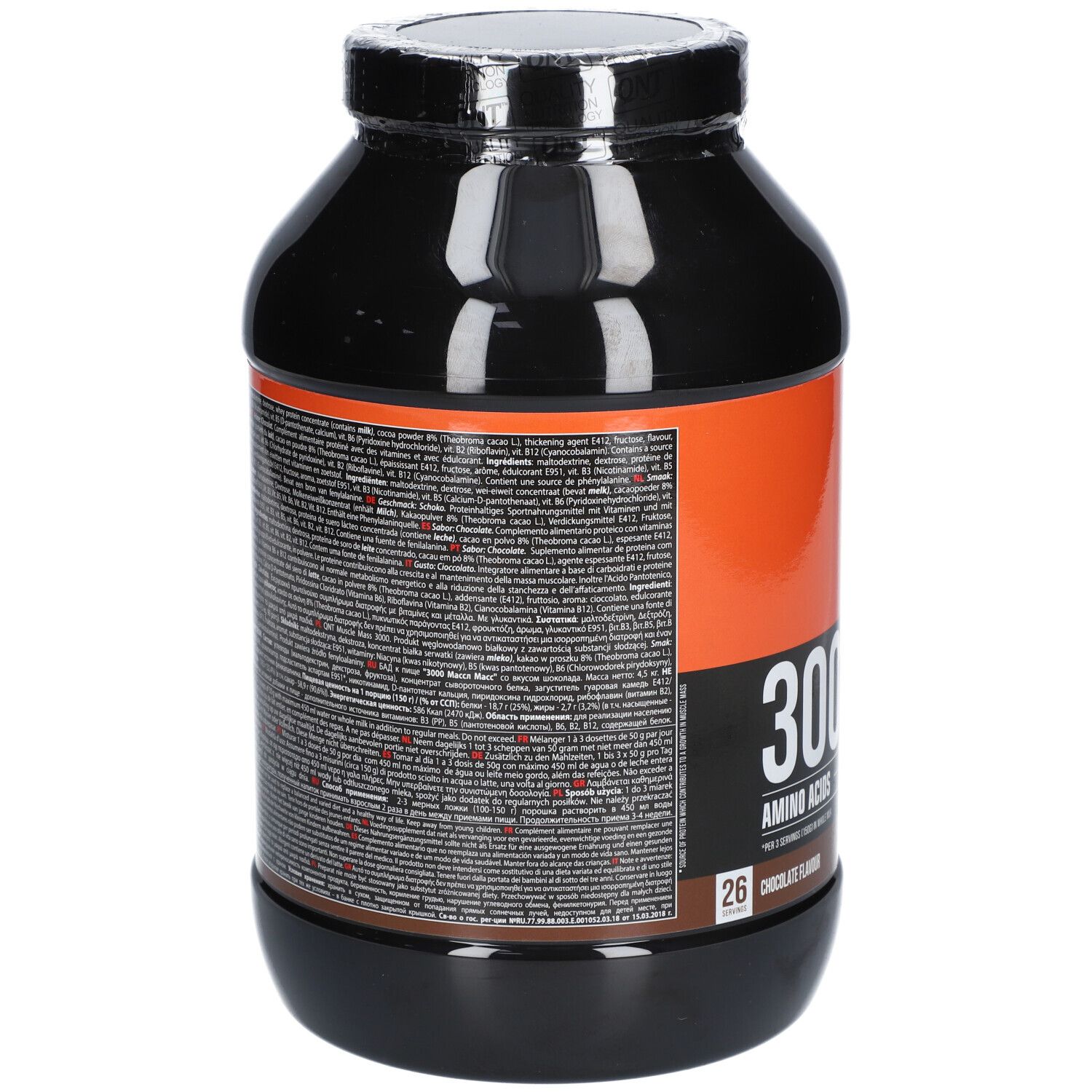 Rückseite eines schwarzen Behälters mit orangefarbenem Etikett, detaillierte Nährwertangaben und Inhaltsstoffe.