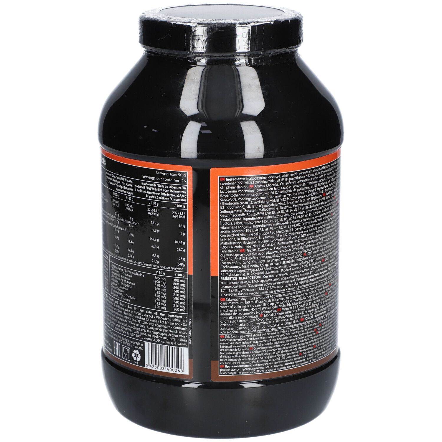 Seitenansicht eines schwarzen Behälters mit orangefarbenem Etikett, Nährwerttabellen und Produktinformationen.