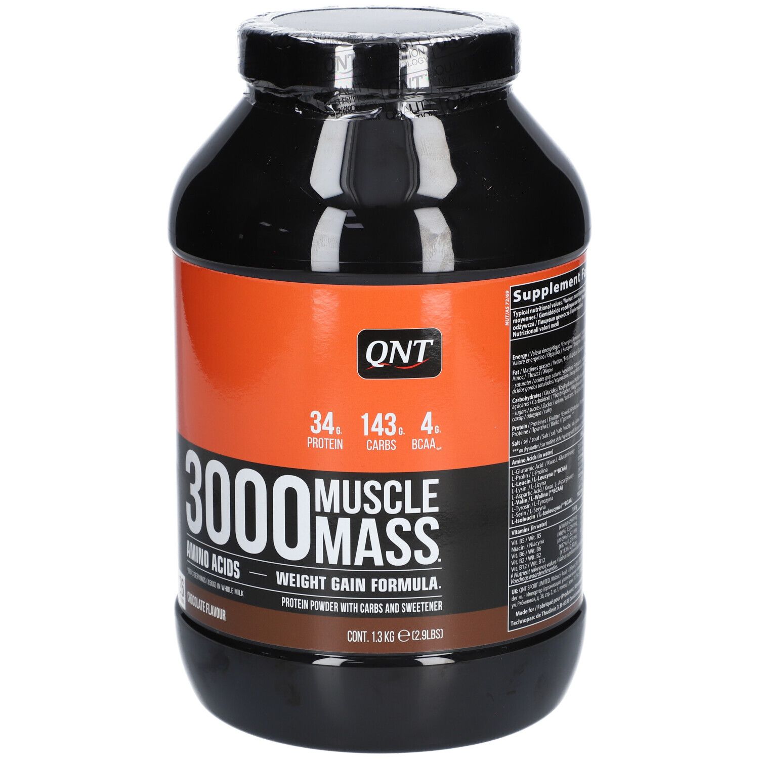 Schwarzer Behälter mit orangefarbenem Etikett, "3000 Muscle Mass" Aufschrift, Schokoladengeschmack.
