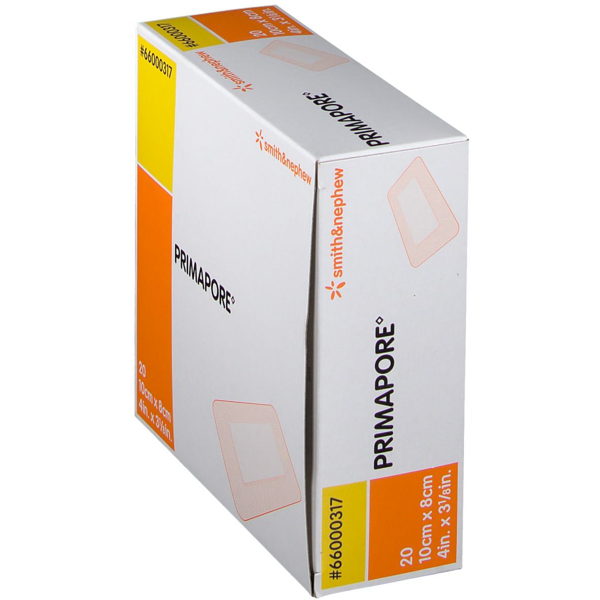 Schuin geplaatste verpakking met 20 Primapore-verbanden. Afmeting: 10cm x 8cm. Merk: Smith & Nephew. Oranje en geel.