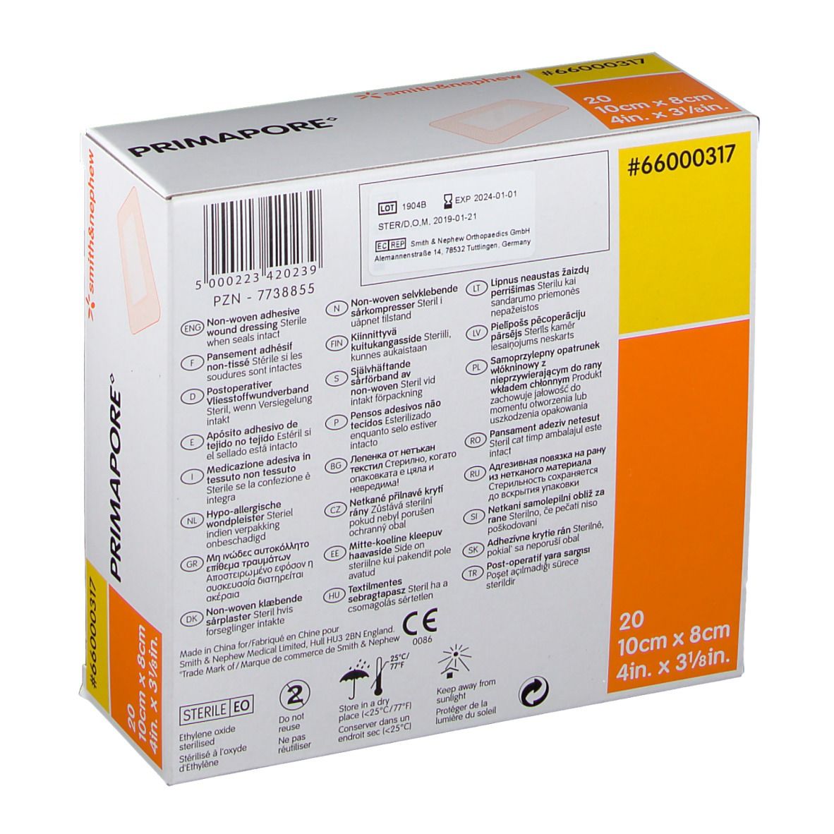 Achterkant van de verpakking met 20 Primapore-verbanden. Afmeting: 10cm x 8cm. Merk: Smith & Nephew. Tekst in meerdere talen.