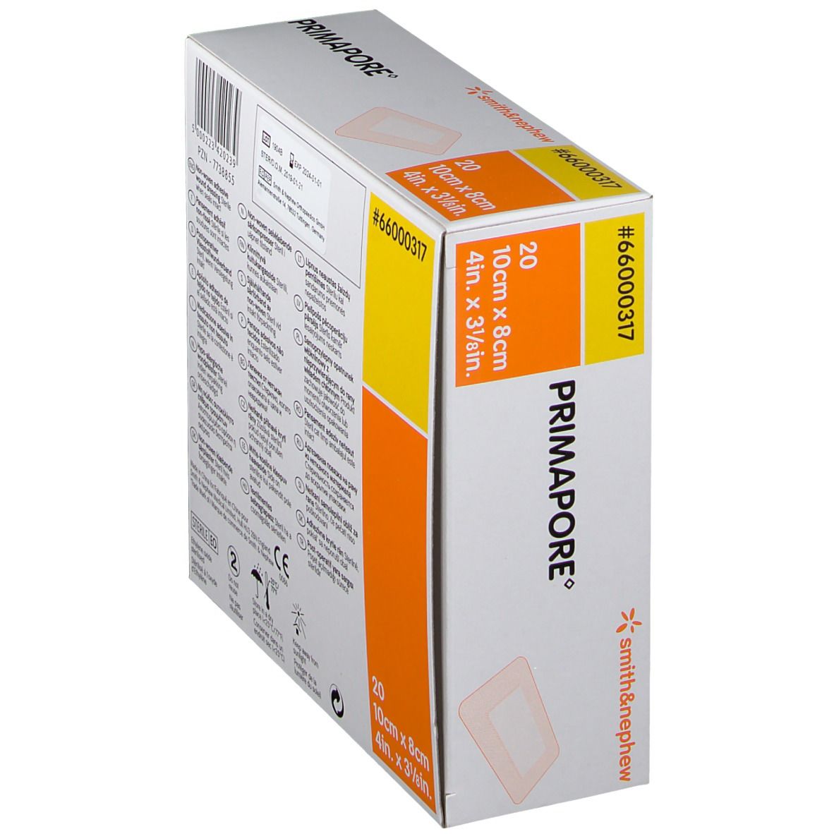 Schuin geplaatste verpakking met 20 Primapore-verbanden. Afmeting: 10cm x 8cm. Merk: Smith & Nephew. Oranje en geel.