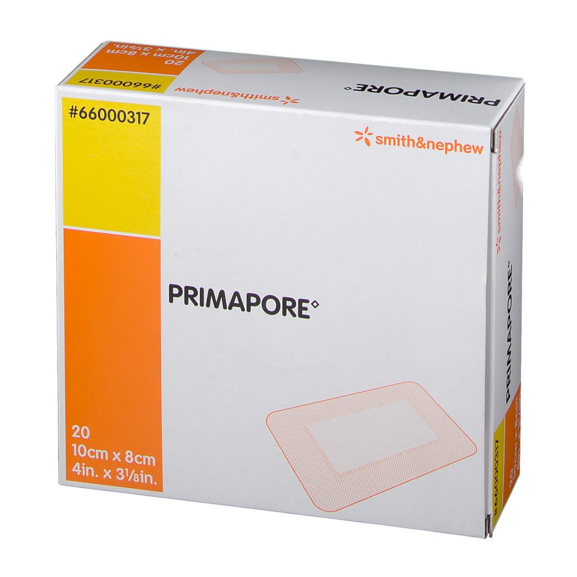 Verpakking met 20 Primapore-verbanden. Afmeting: 10cm x 8cm. Merk: Smith & Nephew. Oranje en gele accenten.