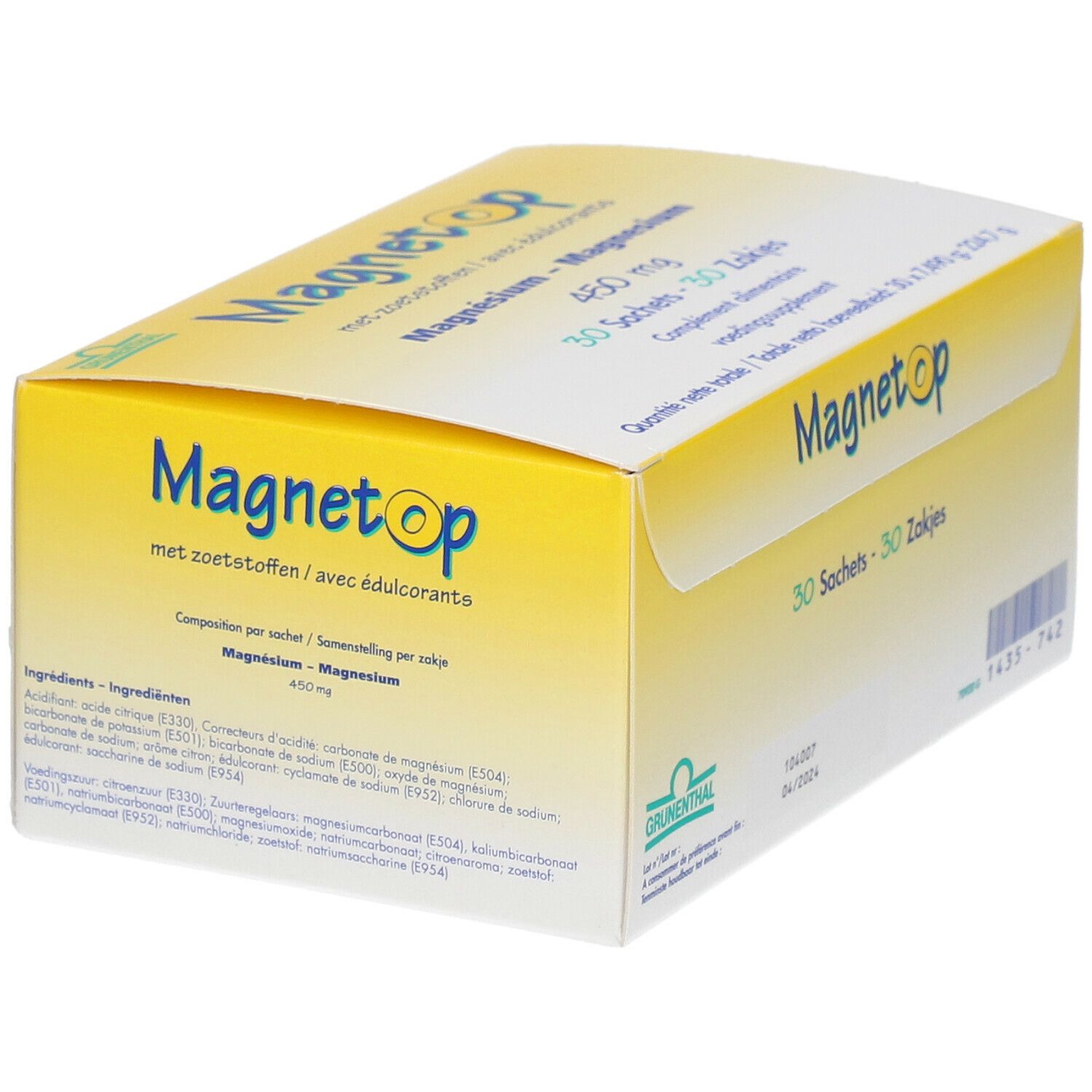 Boîte jaune "Magnetop" avec texte. Contient 30 sachets de magnésium 450 mg. Ingrédients et logo Grünenthal.
