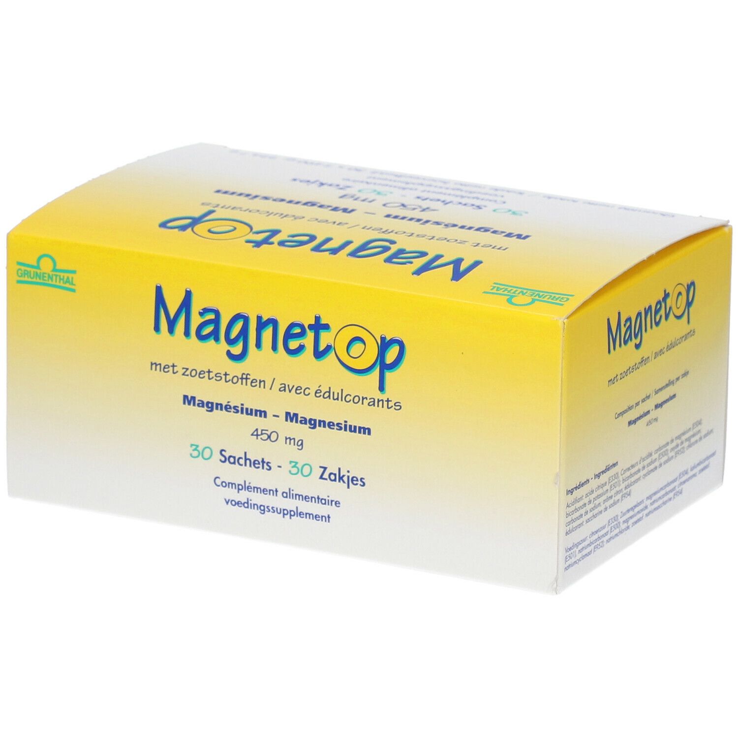 Boîte jaune "Magnetop" avec texte. Contient 30 sachets de magnésium 450 mg. Logo Grünenthal.