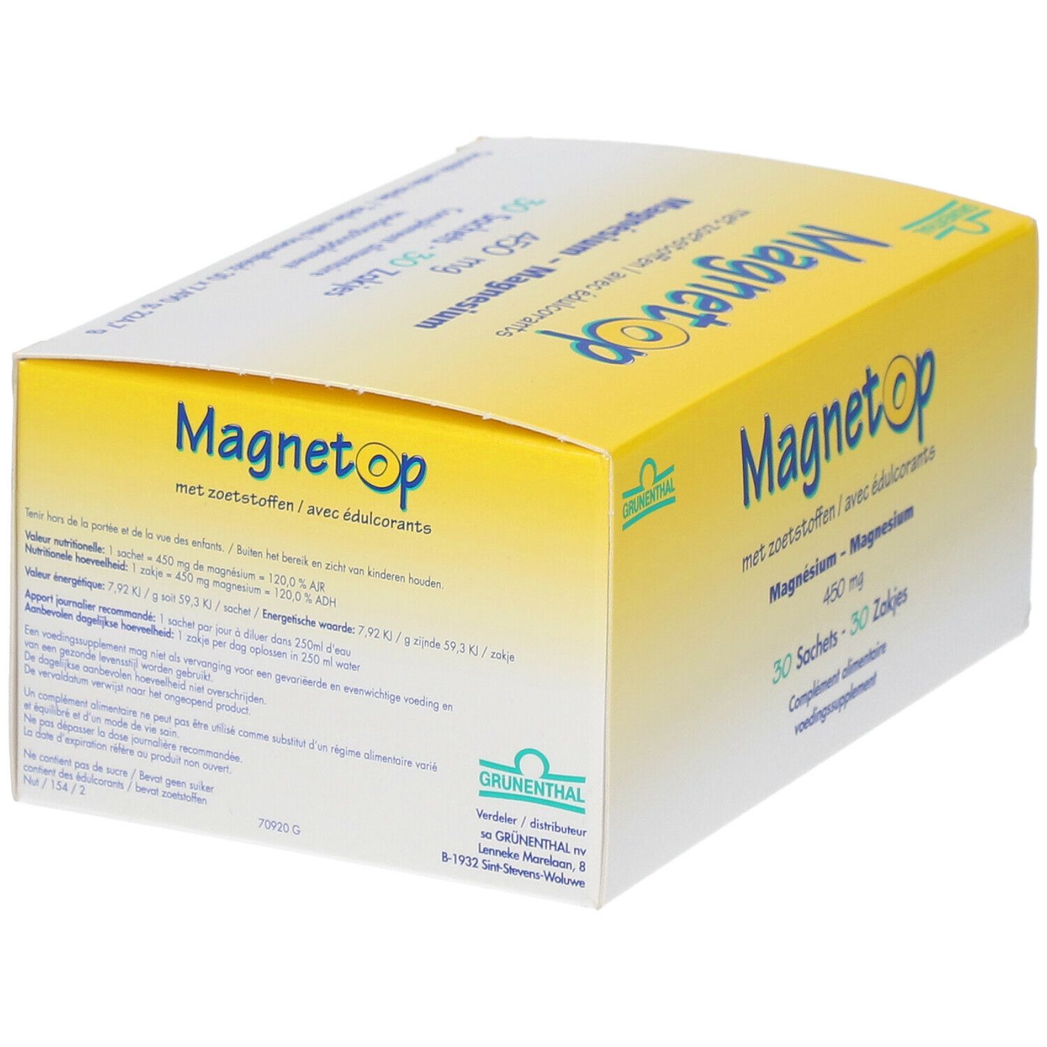 Boîte jaune "Magnetop" avec texte. Contient 30 sachets de magnésium 450 mg. Logo Grünenthal et informations nutritionnelles.