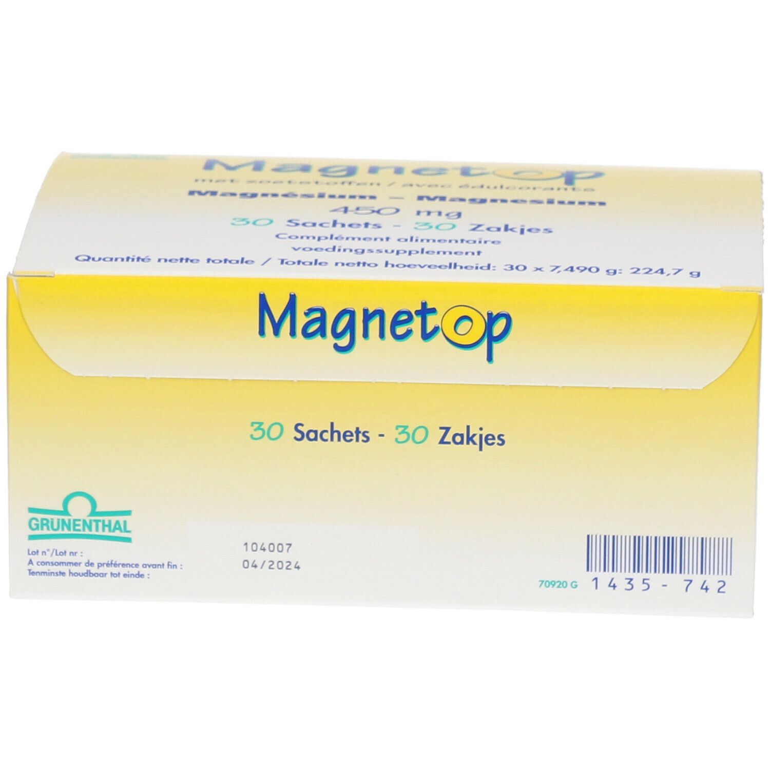 Boîte jaune "Magnetop" avec texte. Contient 30 sachets de magnésium 450 mg. Logo Grünenthal et numéro de lot.