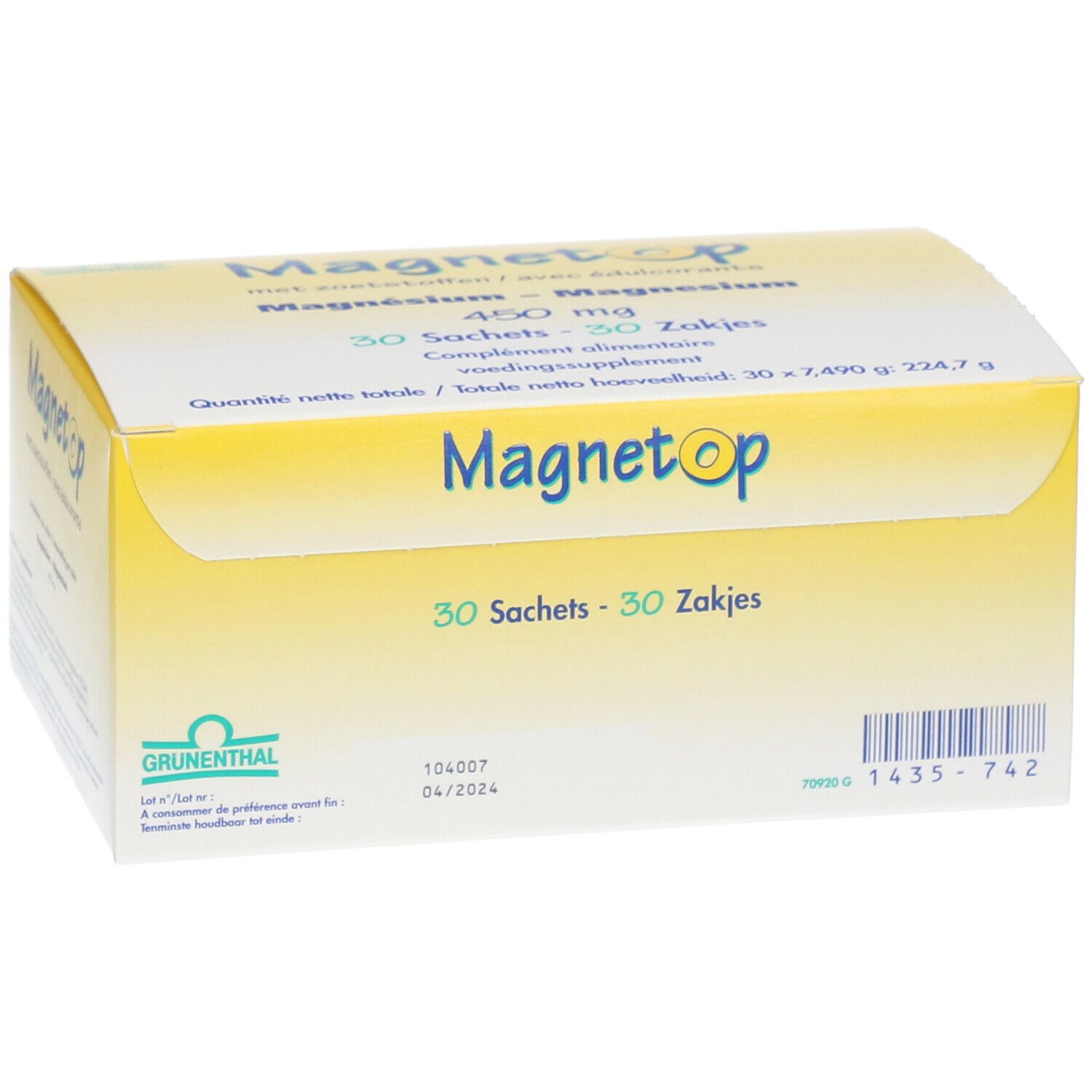 Boîte jaune "Magnetop" avec texte. Contient 30 sachets de magnésium 450 mg. Logo Grünenthal et numéro de lot.