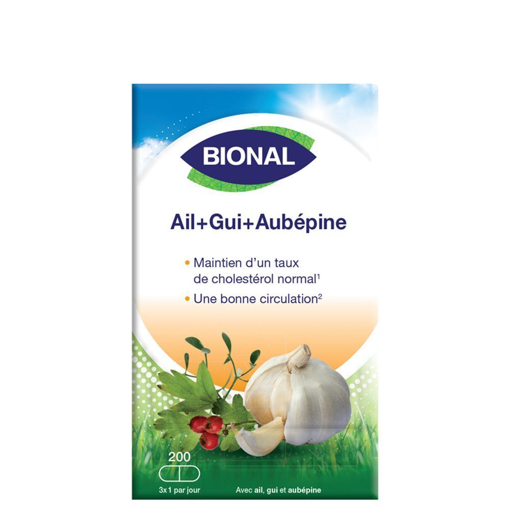Boîte BIONAL avec ail, gui et aubépine. 200 gélules. Inscription : 'Une bonne circulation'.