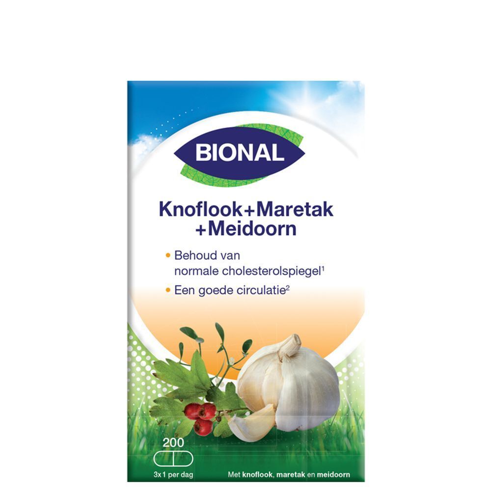 BIONAL-doos met knoflook, maretak en meidoorn. 200 capsules. Opschrift: 'Een goede circulatie'.