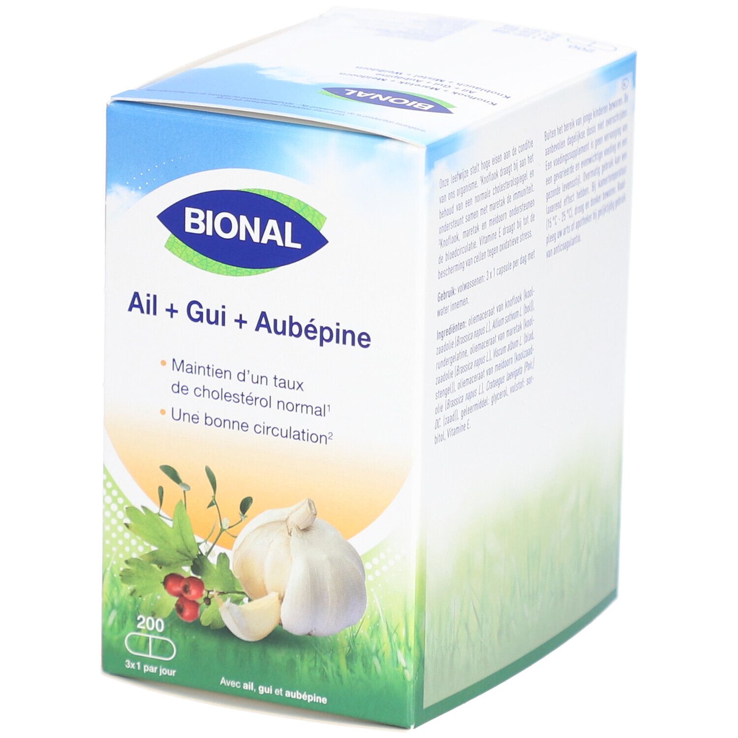 Emballage BIONAL avec ail, gui et aubépine. 200 gélules. Inscription : 'Une bonne circulation'.