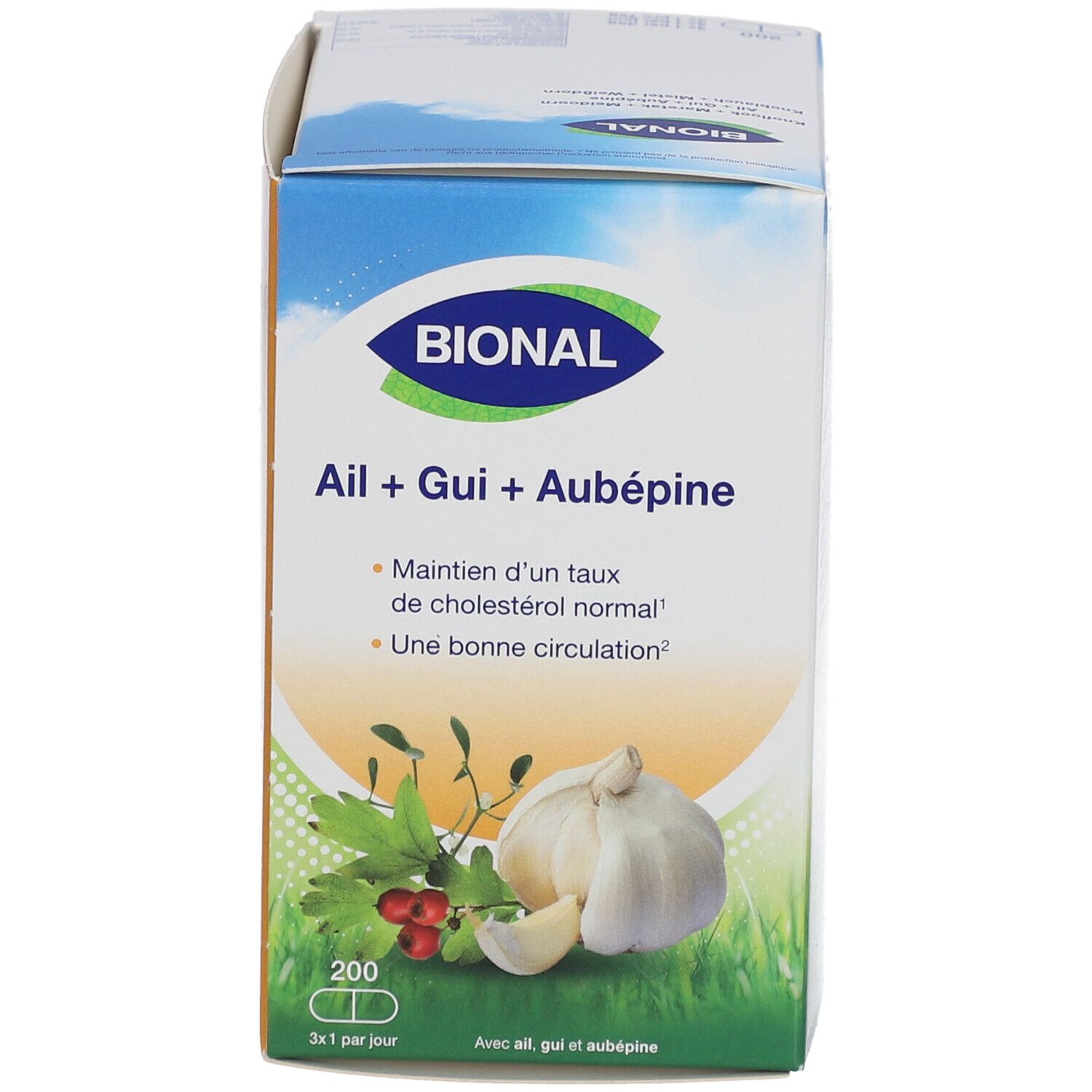 Emballage BIONAL avec ail, gui et aubépine. 200 gélules. Inscription : 'Taux de cholestérol normal'.