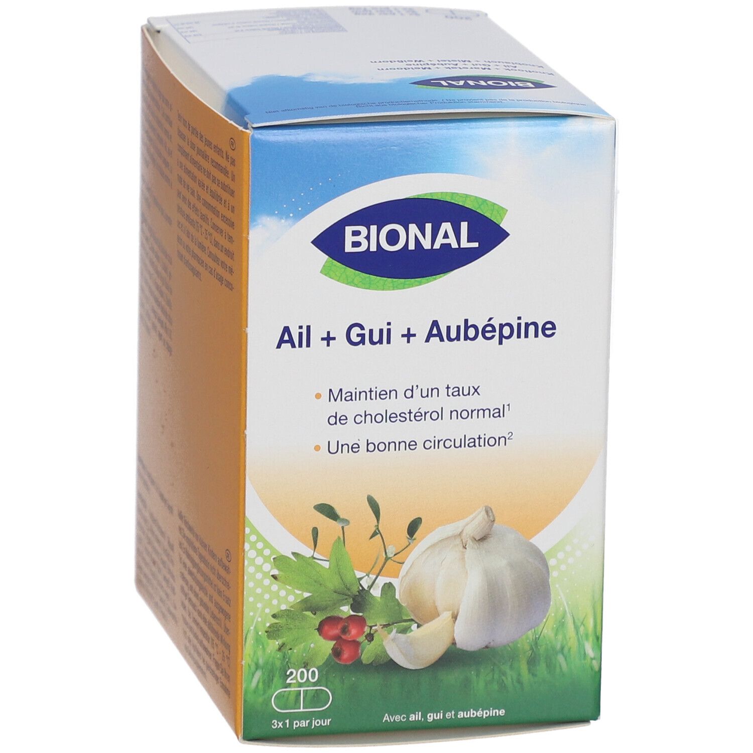 Emballage BIONAL avec ail, gui et aubépine. 200 gélules. Inscription : 'Taux de cholestérol normal'.