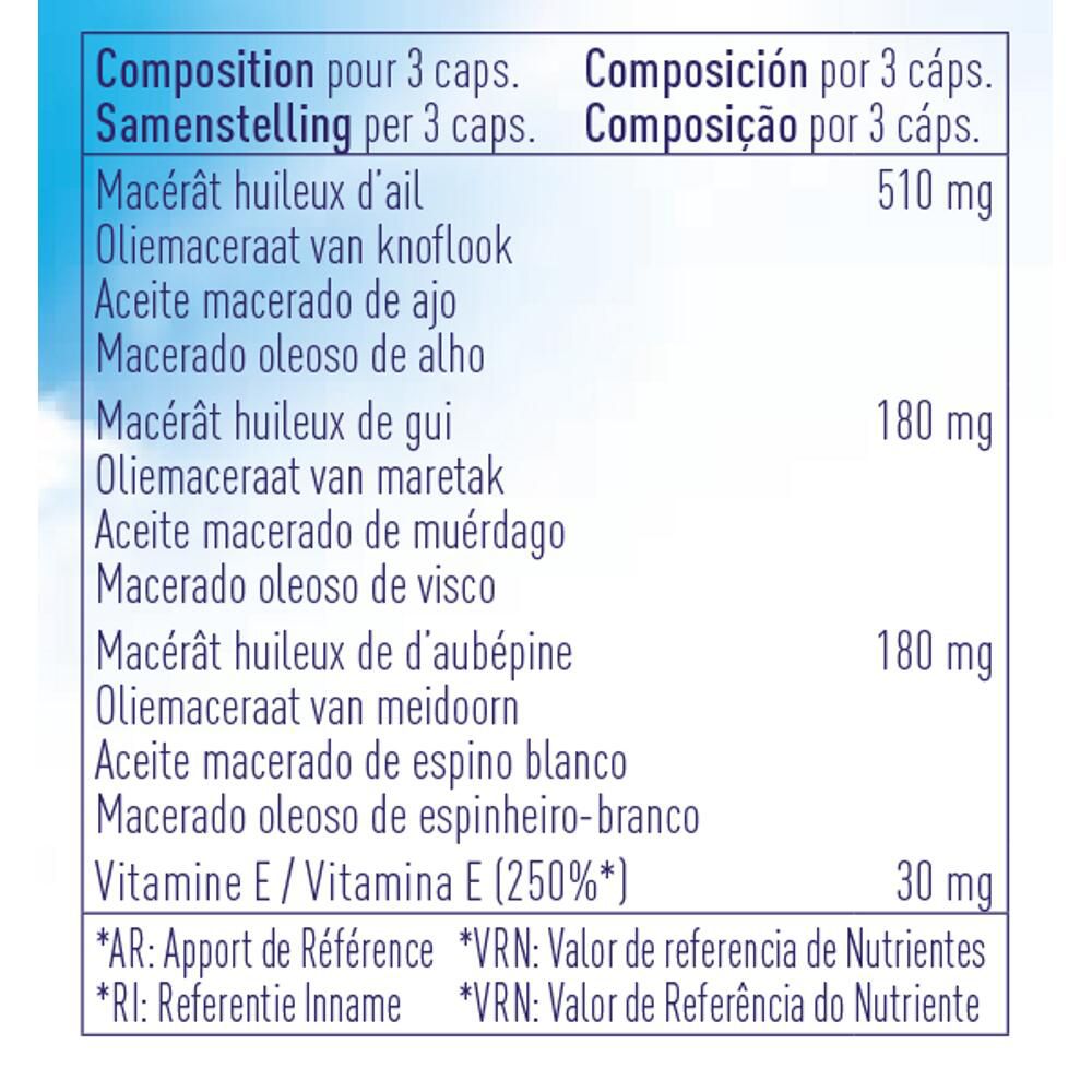 Liste des ingrédients pour 3 gélules. Contient de l'huile d'ail, de gui, d'aubépine et de vitamine E. Multi-langues.