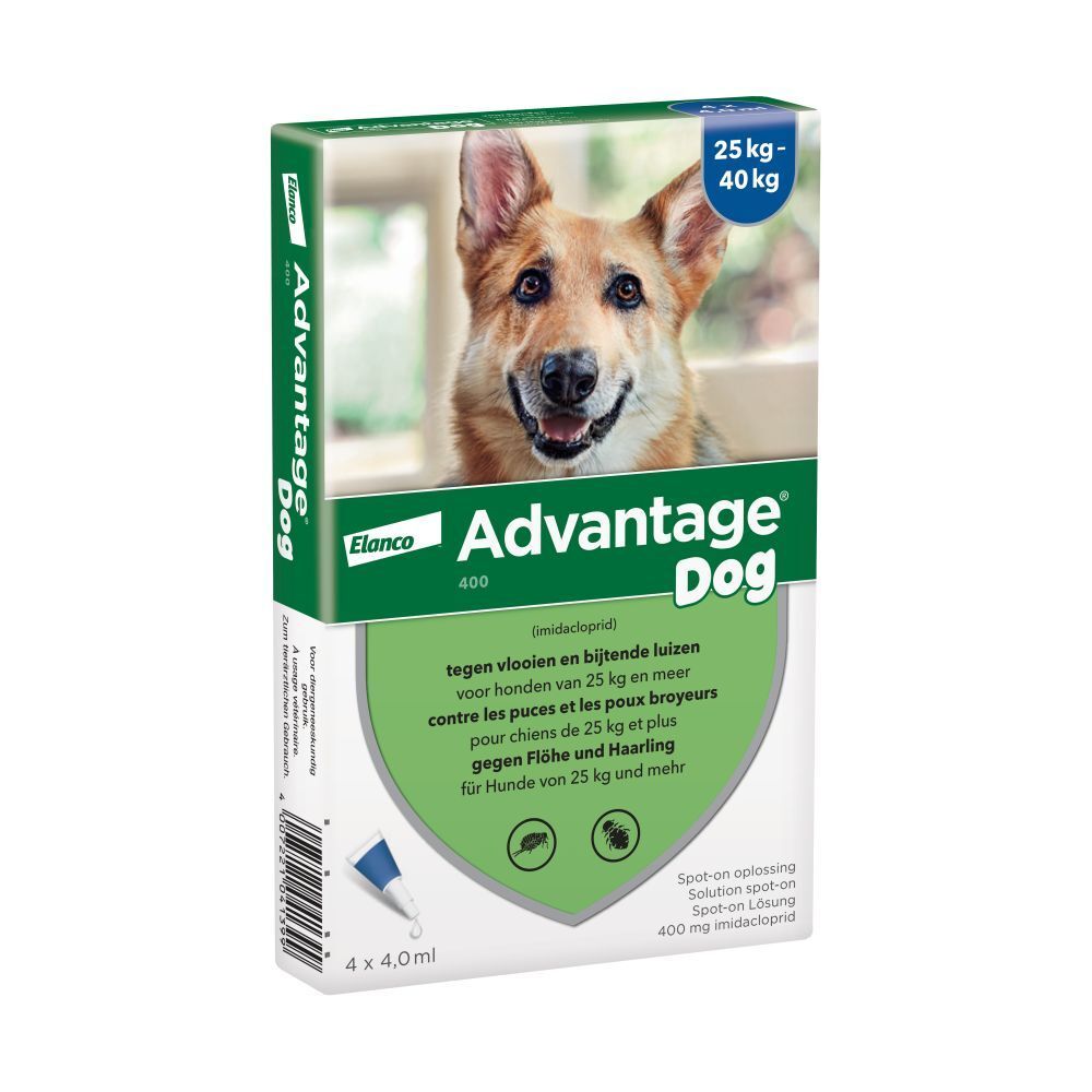 Boîte avec photo de chien. Contient 4 applicateurs. Texte: Advantage Dog, 25-40 kg.
