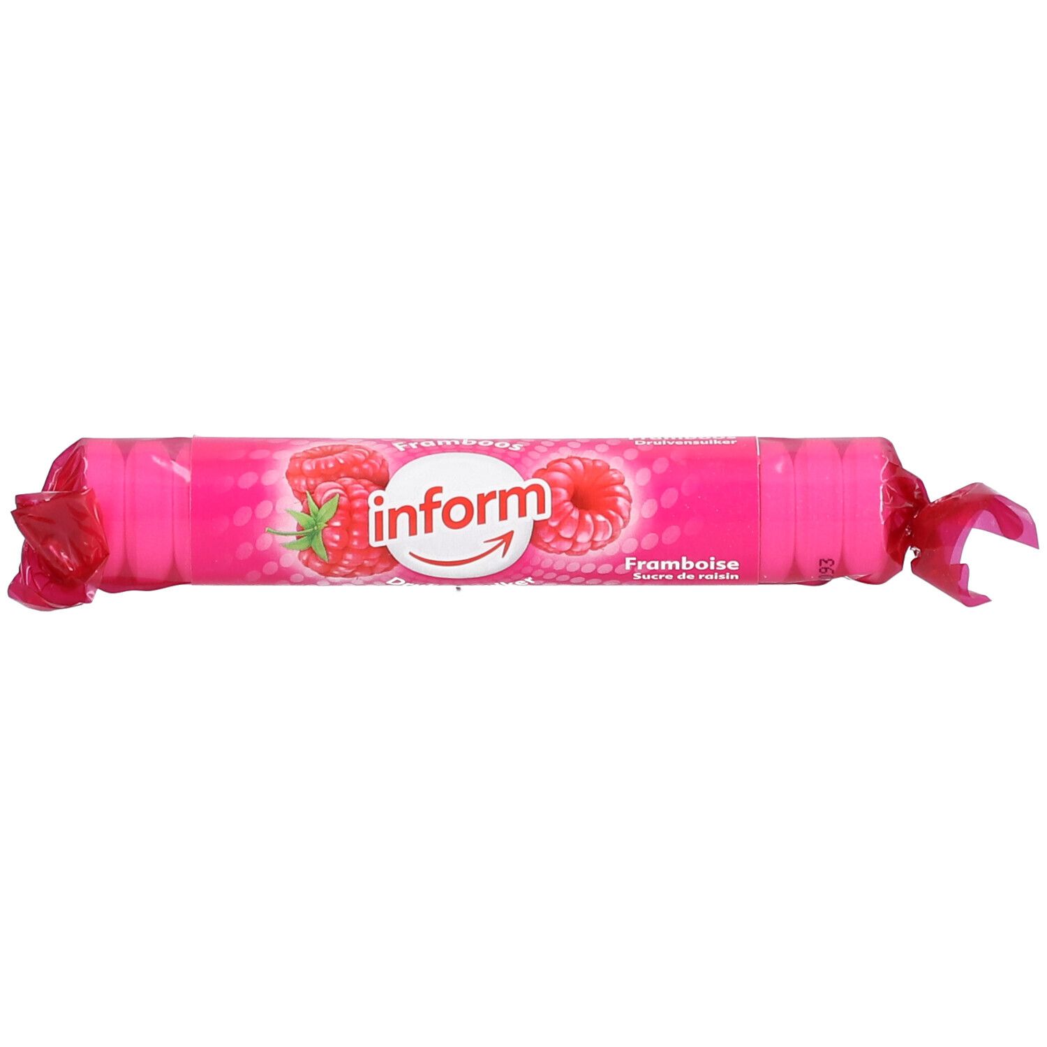 Emballage rose avec logo "inform" et image de framboise. Texte : "Framboise".