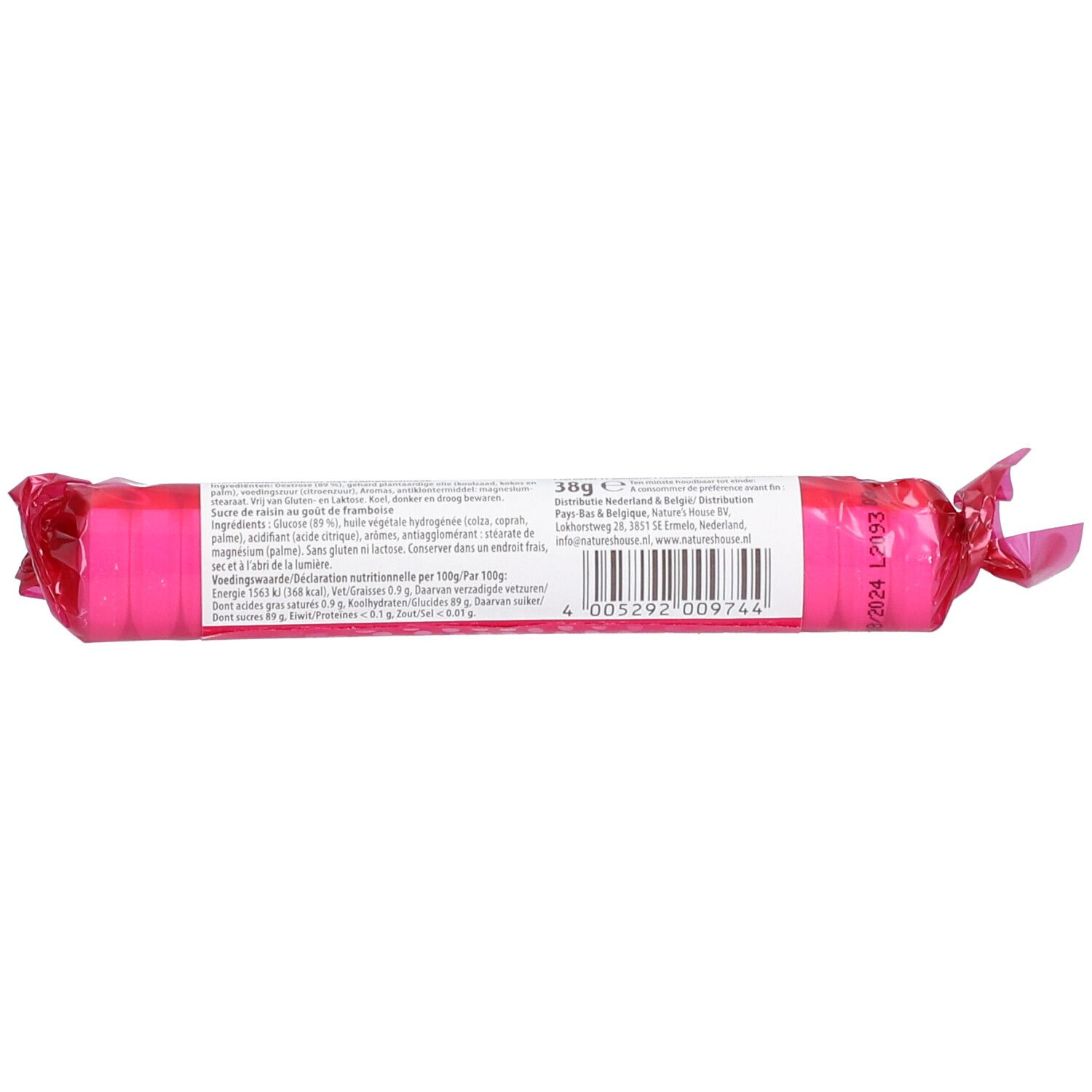 Dos de l'emballage rose. Contient du texte et un code-barres. Texte : "38g".