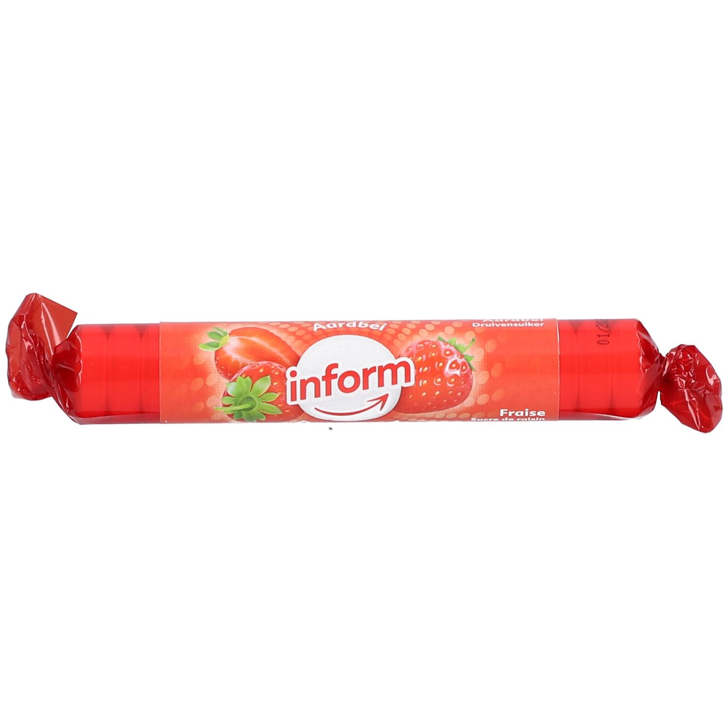 Emballage rouge allongé avec illustrations de fraises et logo "inform". Texte : "Fraise".