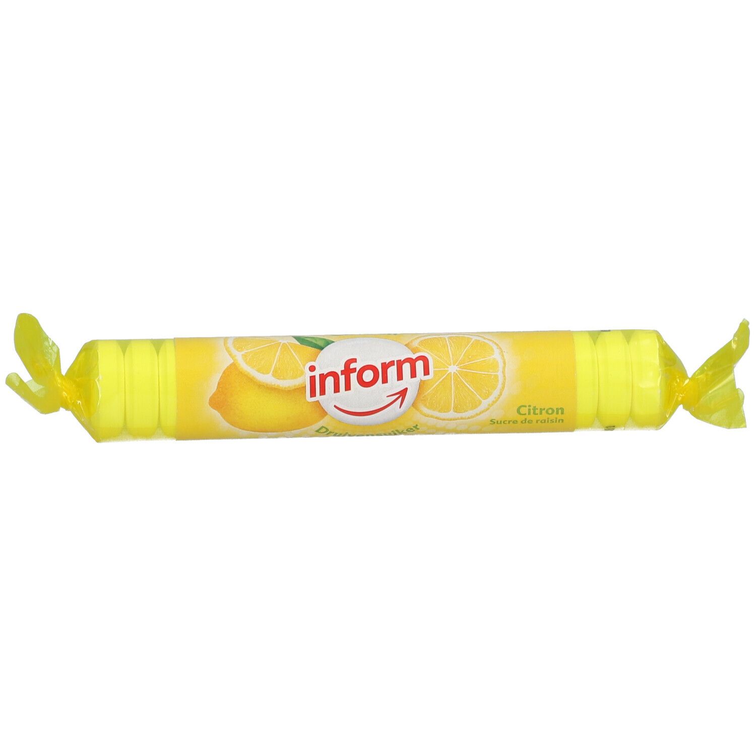 Emballage cylindrique jaune avec motif citron et inscription "inform".