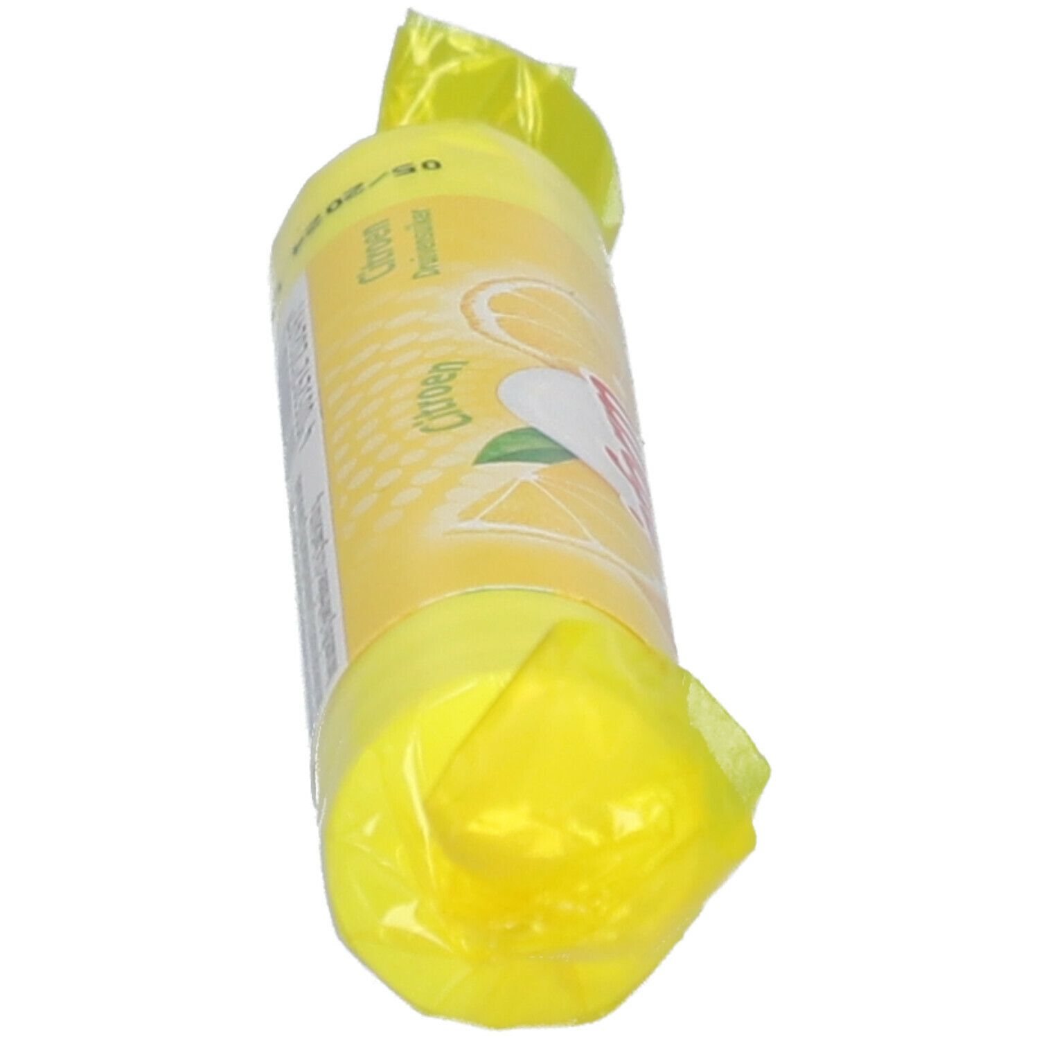 Emballage cylindrique jaune incliné avec motif citron et inscription.