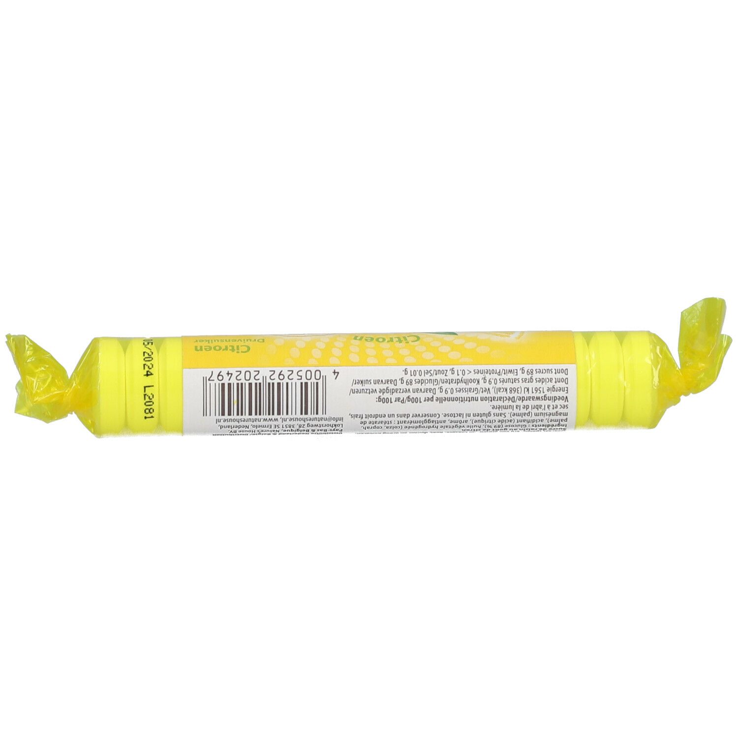 Emballage cylindrique jaune avec motif citron et informations produit.