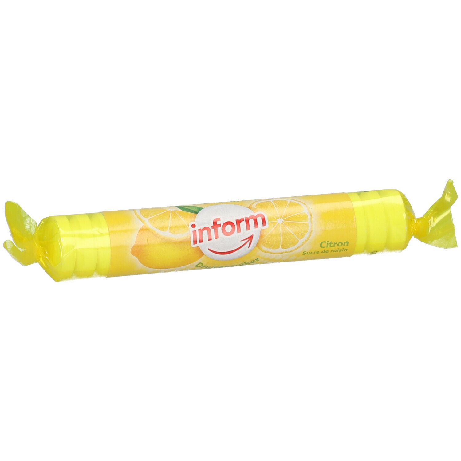 Emballage cylindrique jaune avec motif citron et inscription "inform".