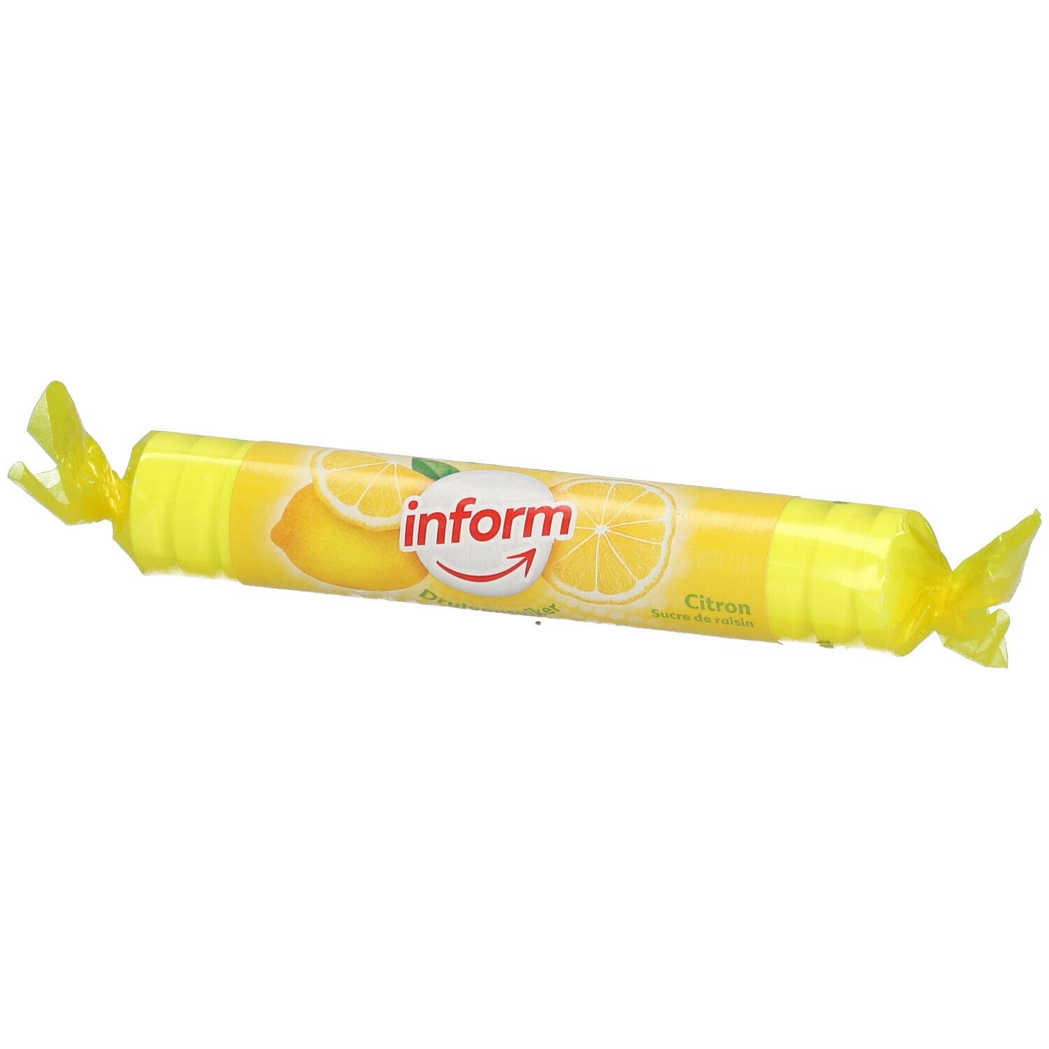 Emballage cylindrique jaune avec motif citron et inscription "inform".