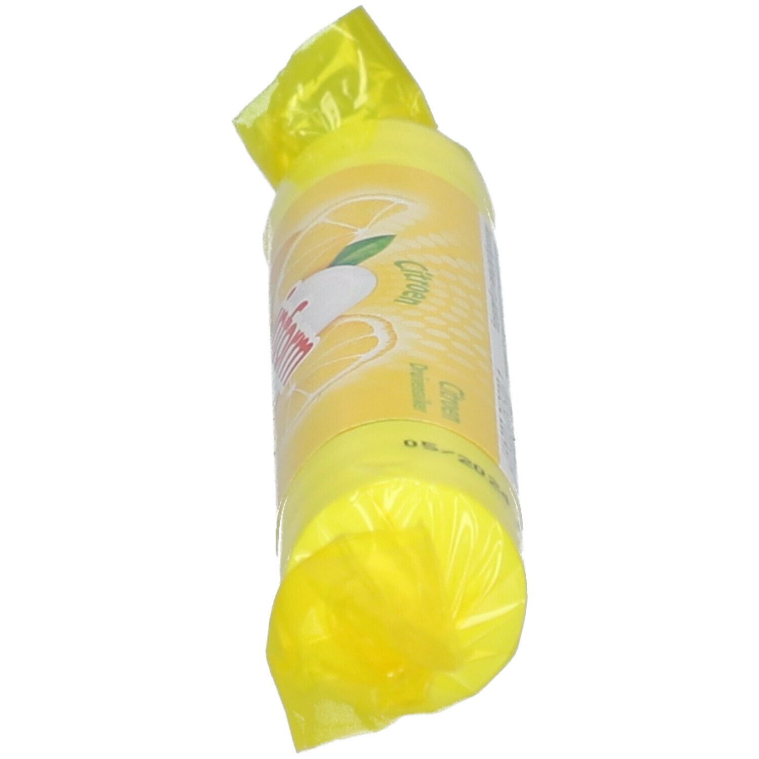 Emballage cylindrique jaune incliné avec motif citron et inscription.