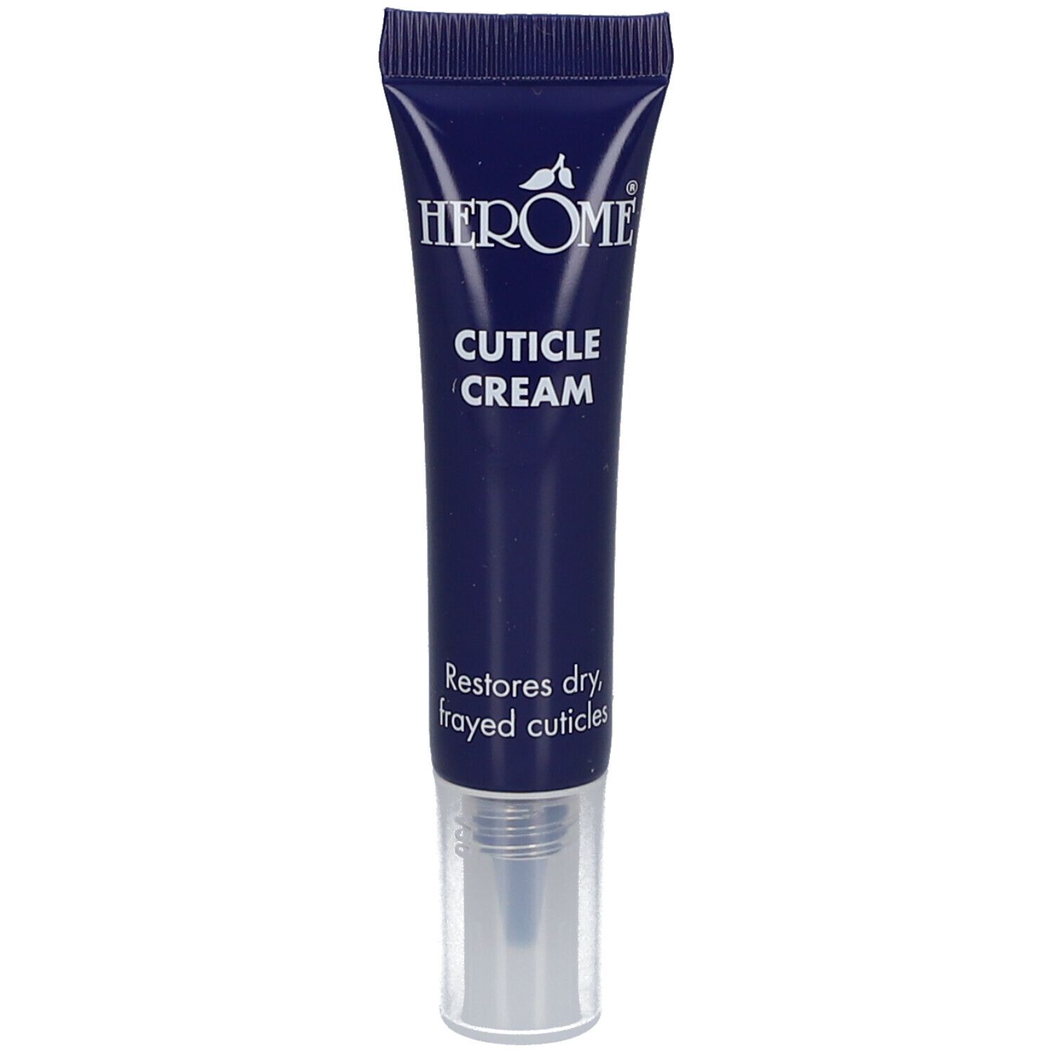 Tube bleu foncé avec texte blanc. Inscription: HEROME, CUTICLE CREAM. Texte: Restores dry, frayed cuticles.