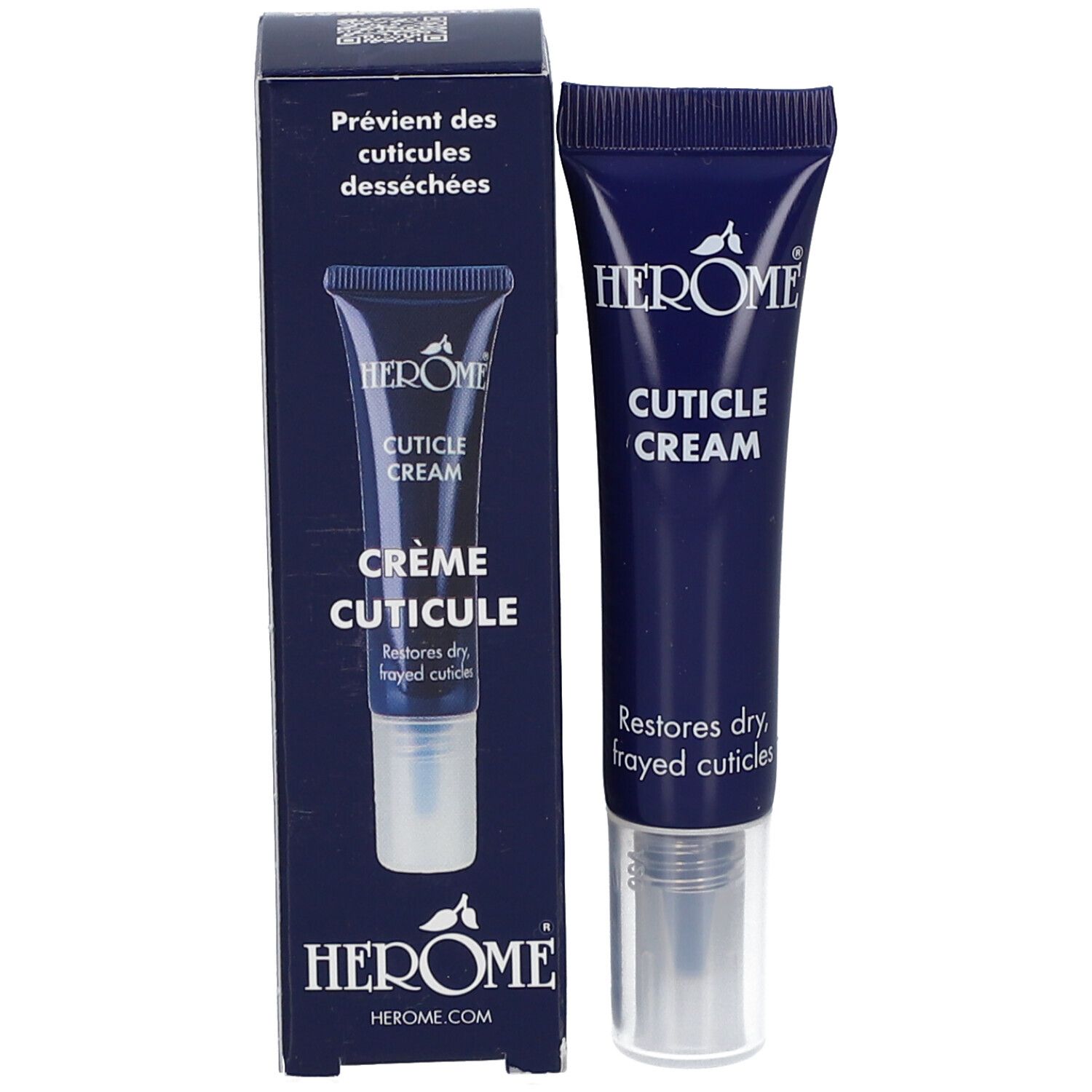 Boîte et tube bleus foncés. Boîte avec image du produit et texte. Tube: HEROME, CUTICLE CREAM. Texte: Restores dry, frayed cuticles.