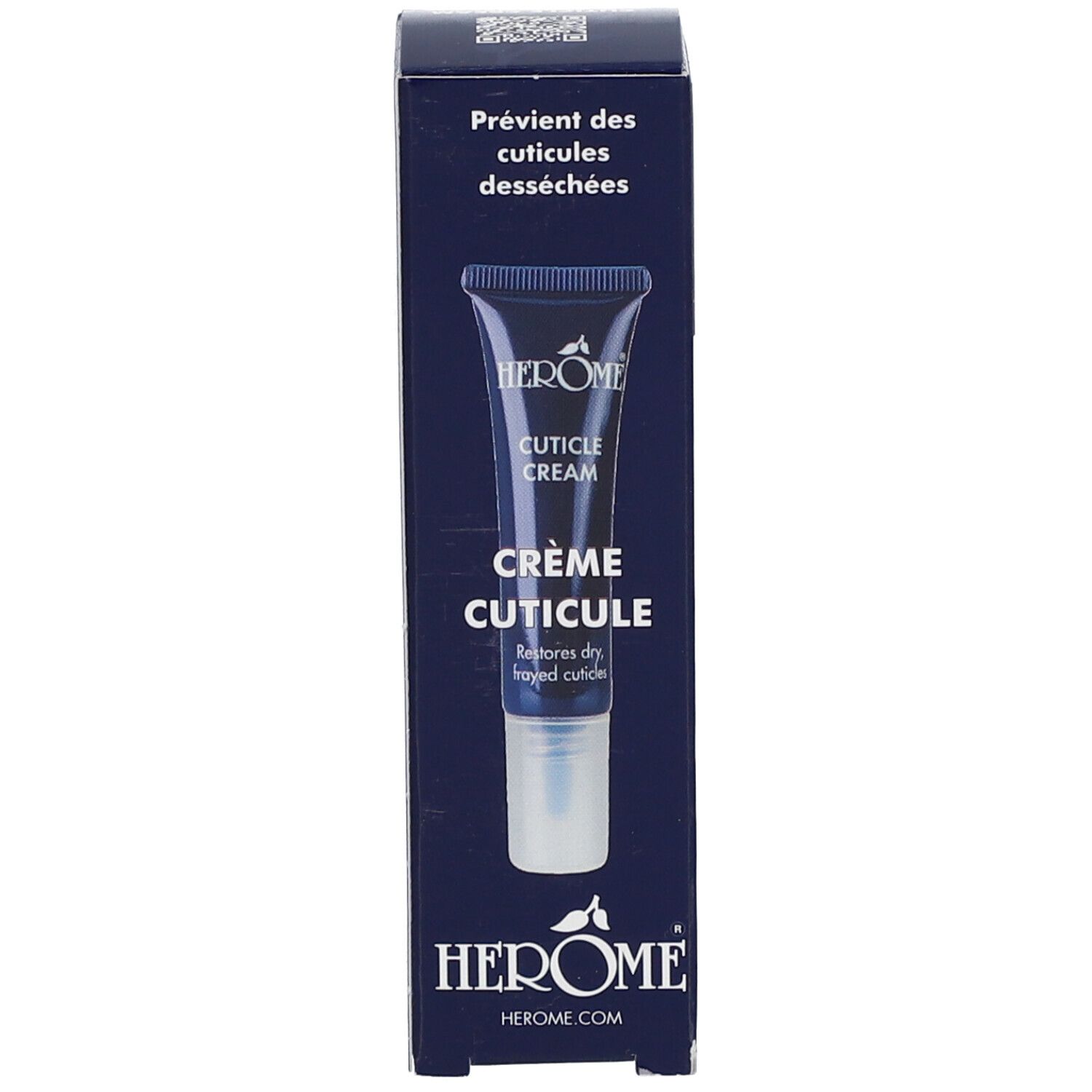 Boîte bleu foncé avec image et texte du produit. Produit: HEROME CUTICLE CREAM. Texte: Crème Cuticule. Restores dry, frayed cuticles.