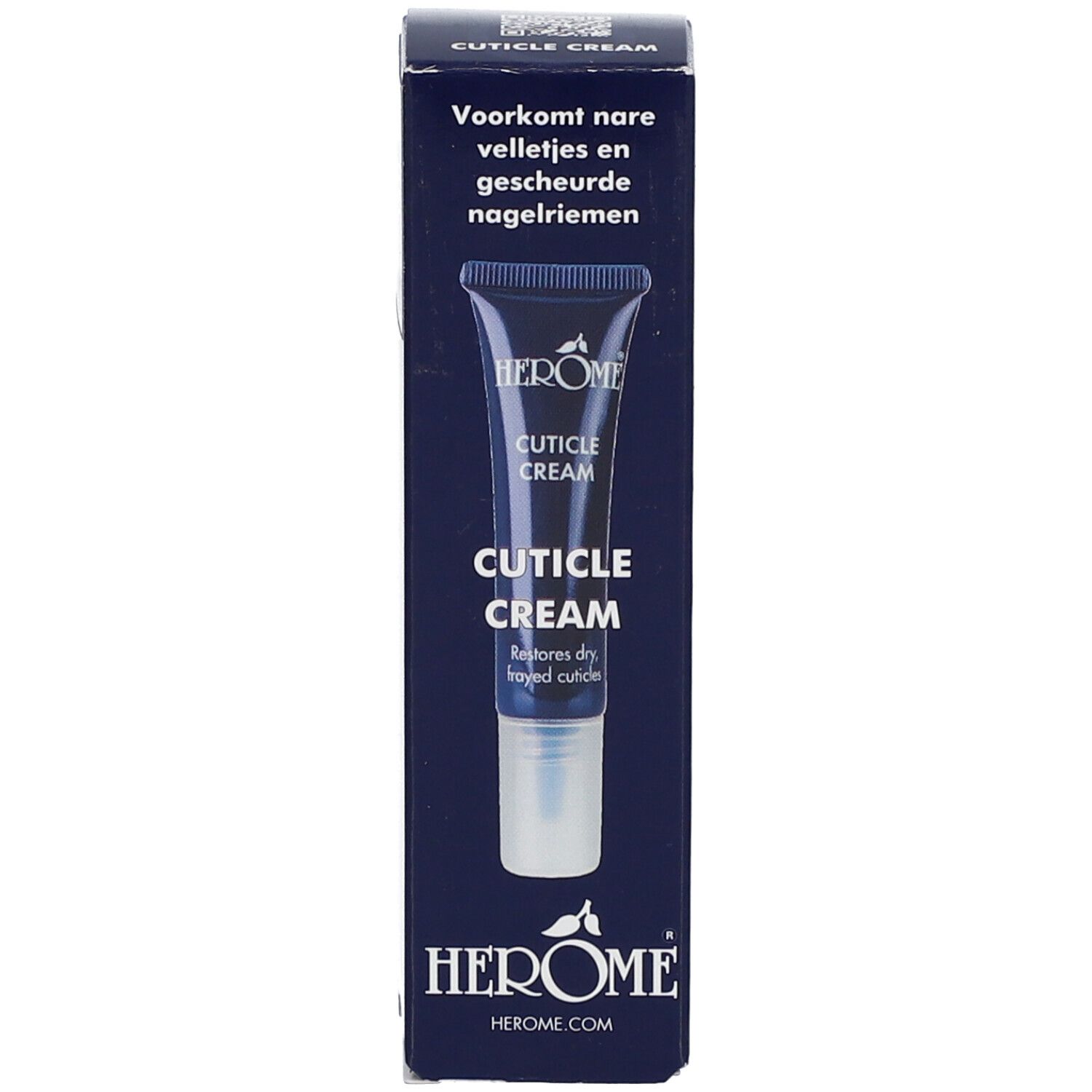 Boîte bleu foncé avec image et texte du produit. Produit: HEROME CUTICLE CREAM. Texte: CUTICLE CREAM. Restores dry, frayed cuticles.