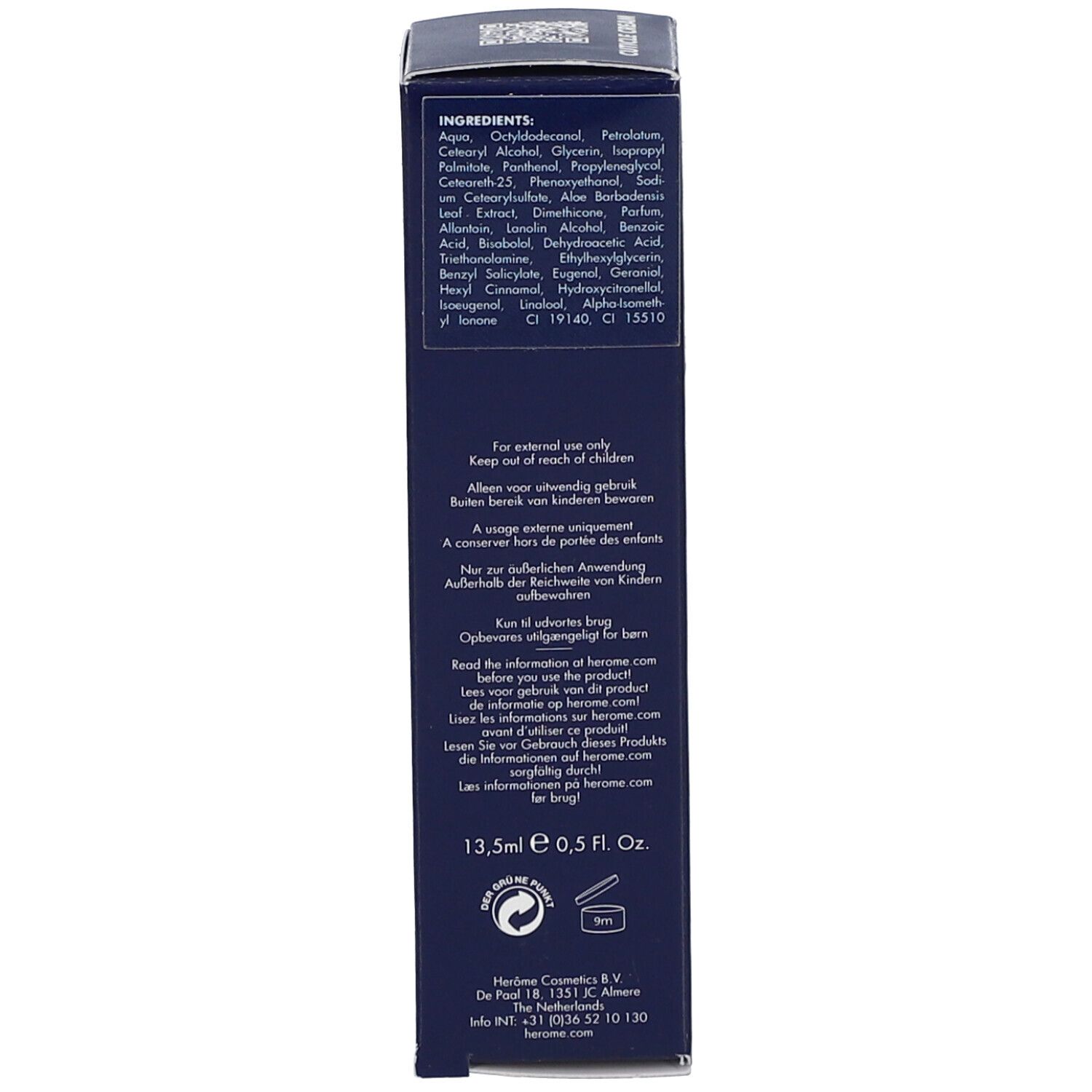 Côté de la boîte bleu foncé. Texte: Ingrédients, avertissements, coordonnées. Volume: 13,5 ml.