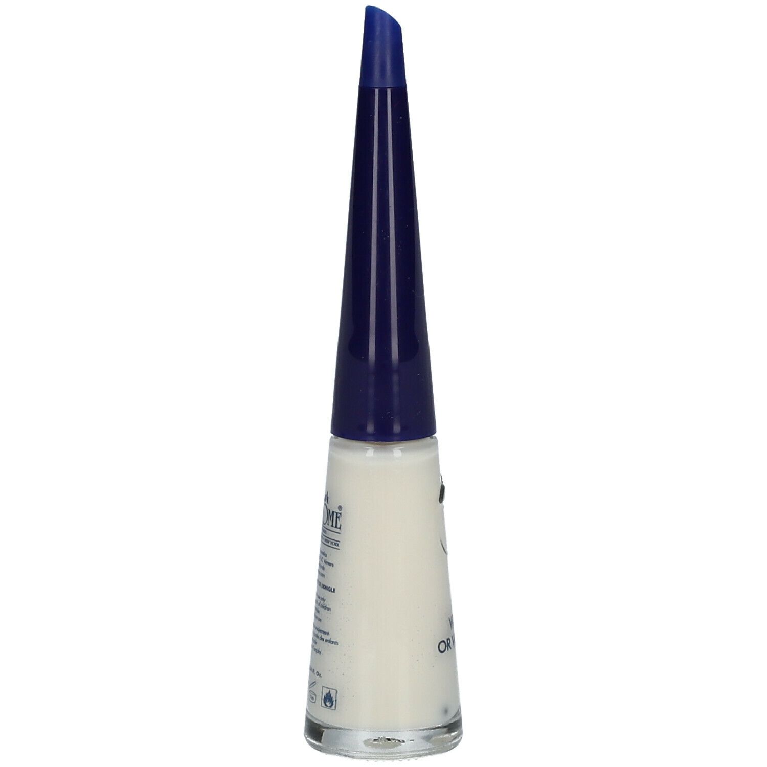Flacon de vernis à ongles blanc et bouchon bleu. Informations imprimées sur le flacon.