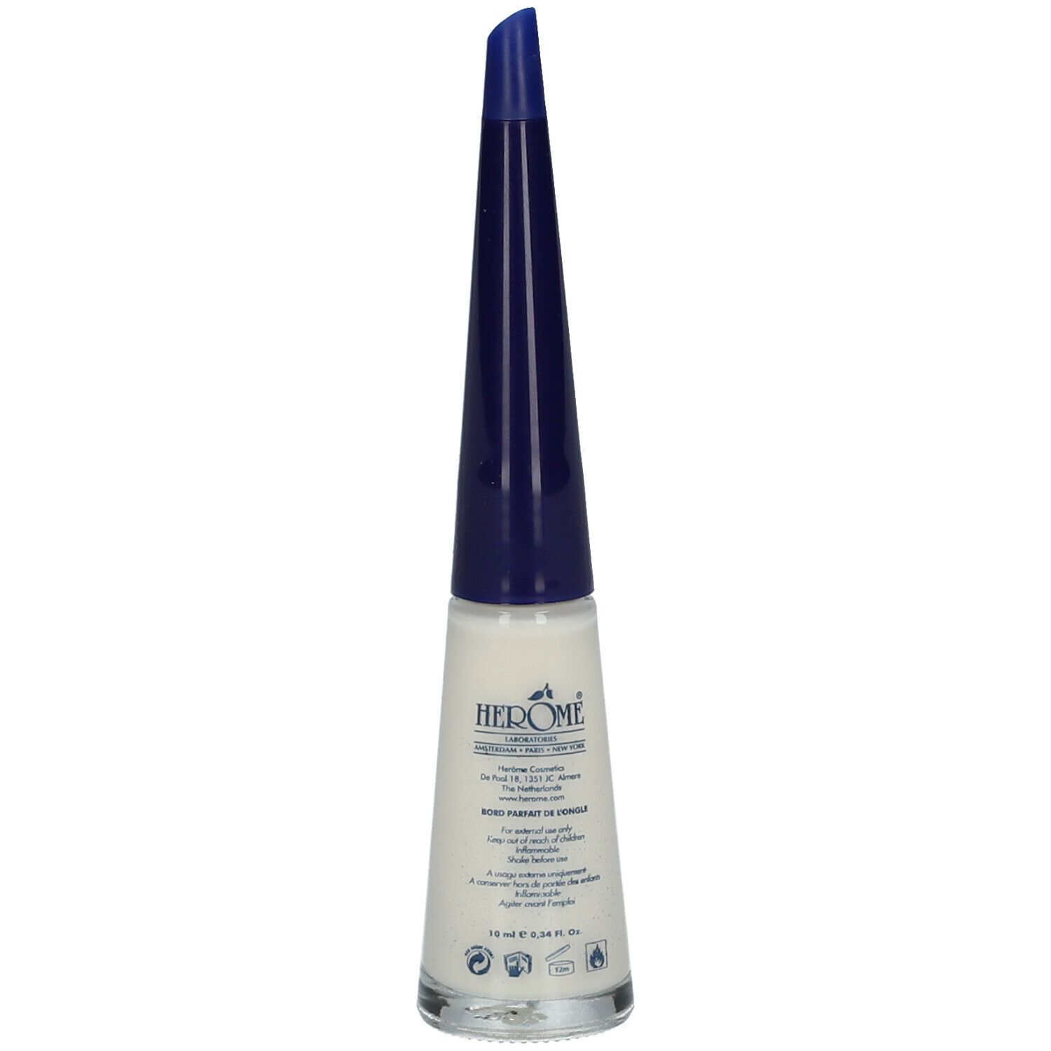 Flacon de vernis à ongles blanc et bouchon bleu. Informations imprimées sur le flacon.