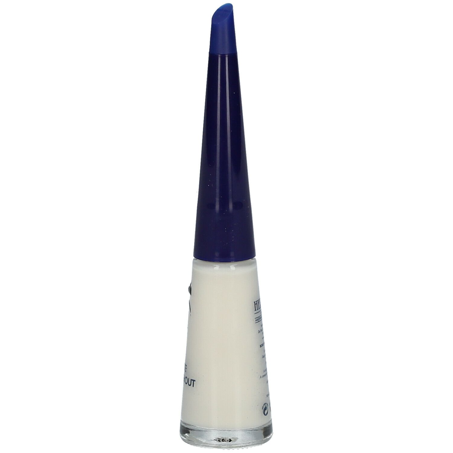 Flacon de vernis à ongles blanc et bouchon bleu. Informations imprimées sur le flacon.
