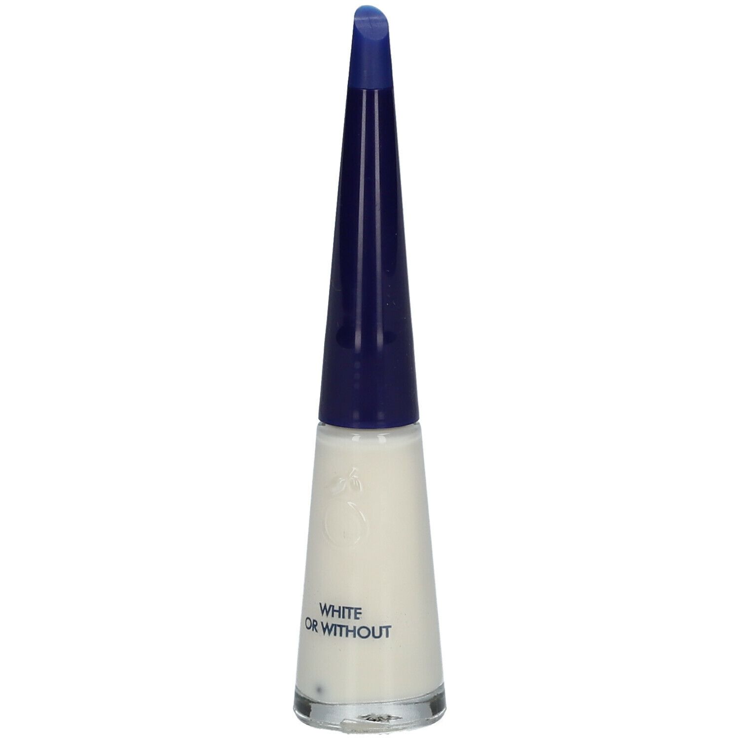 Flacon de vernis à ongles blanc et bouchon bleu. Inscription : White or Without.